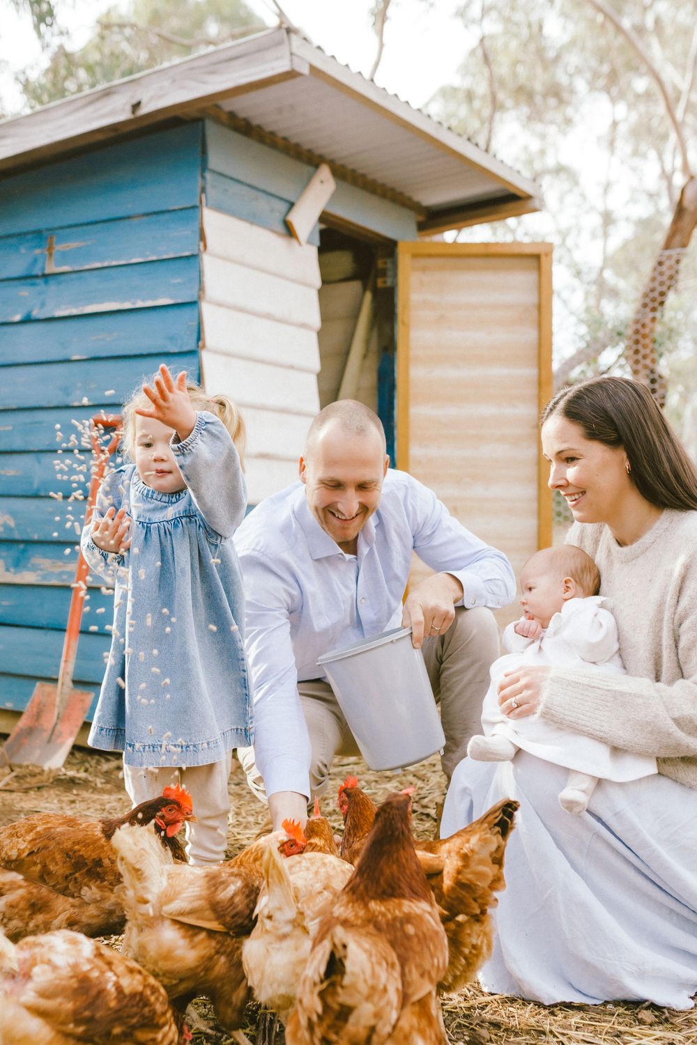 Family feeding chickens outside a rustic blue hen house, with toddler girl, bald father, and mother holding newborn baby.