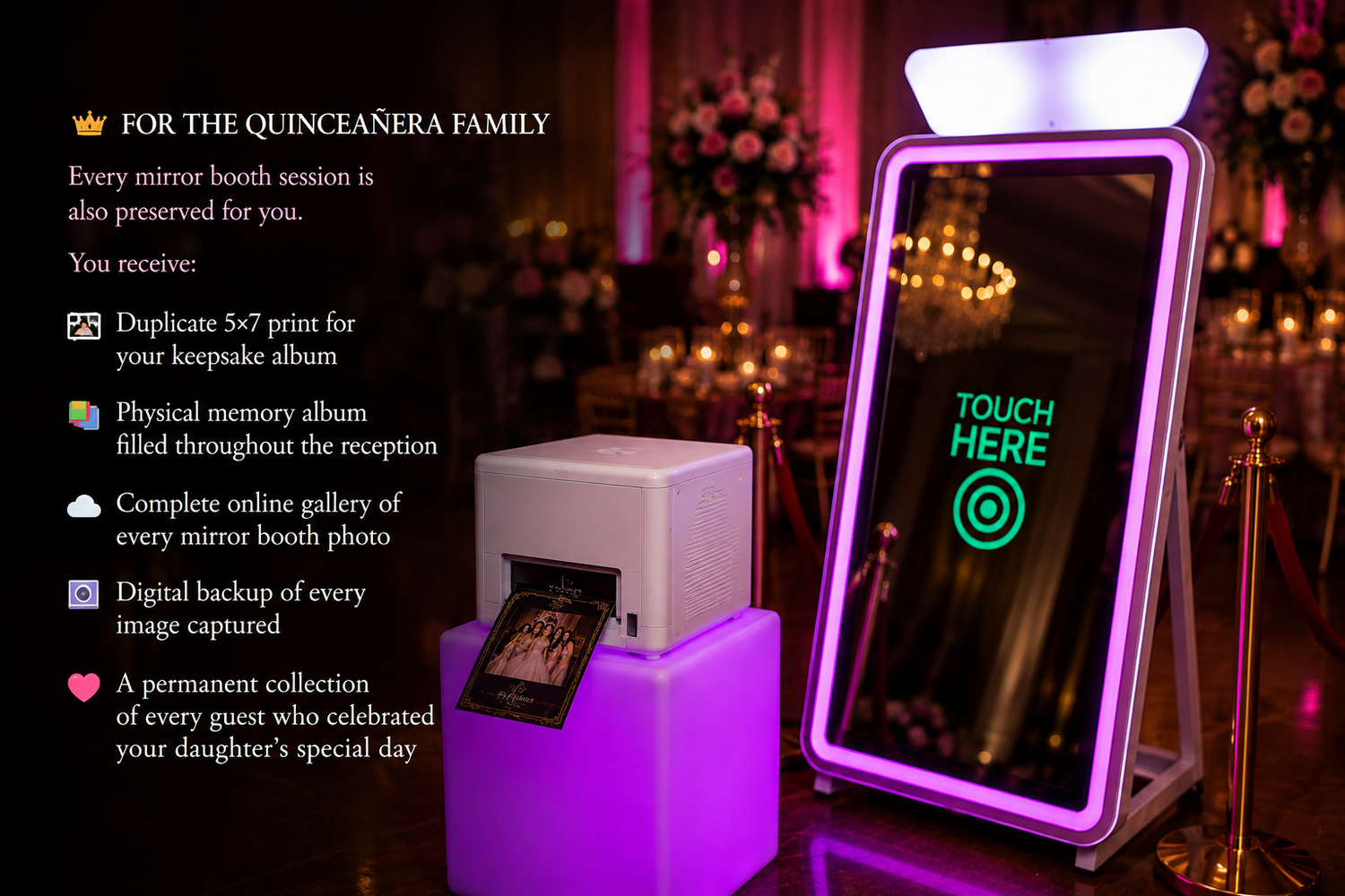 Interactive Mirror Booth rental for school dances proms and graduation celebrations throughout Dallas Fort Worth with premium photo prints