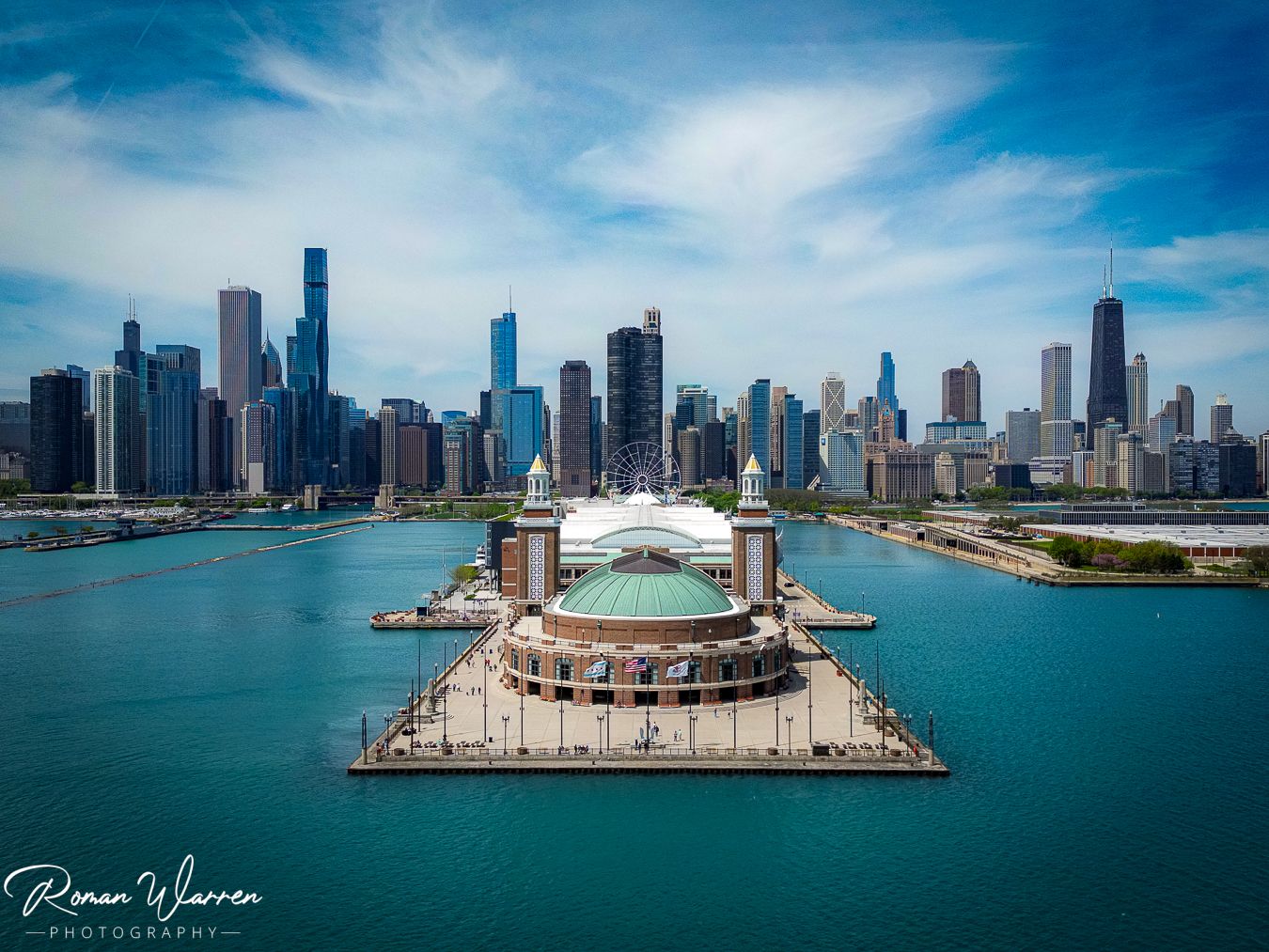 Aerial view of Navy Pier with the Chicago skyline in the background, Chicago photography print