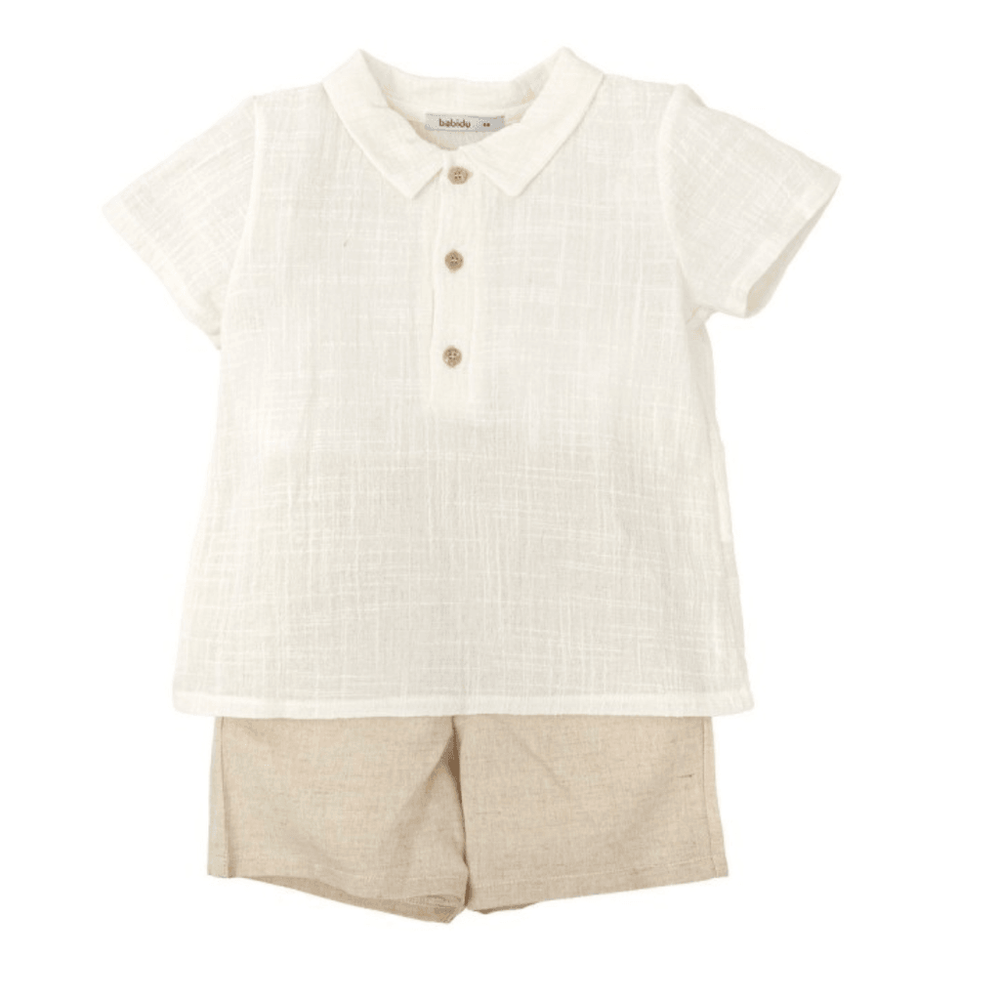 Boys white textured polo shirt and beige linen shorts two-piece outfit set for toddlers.