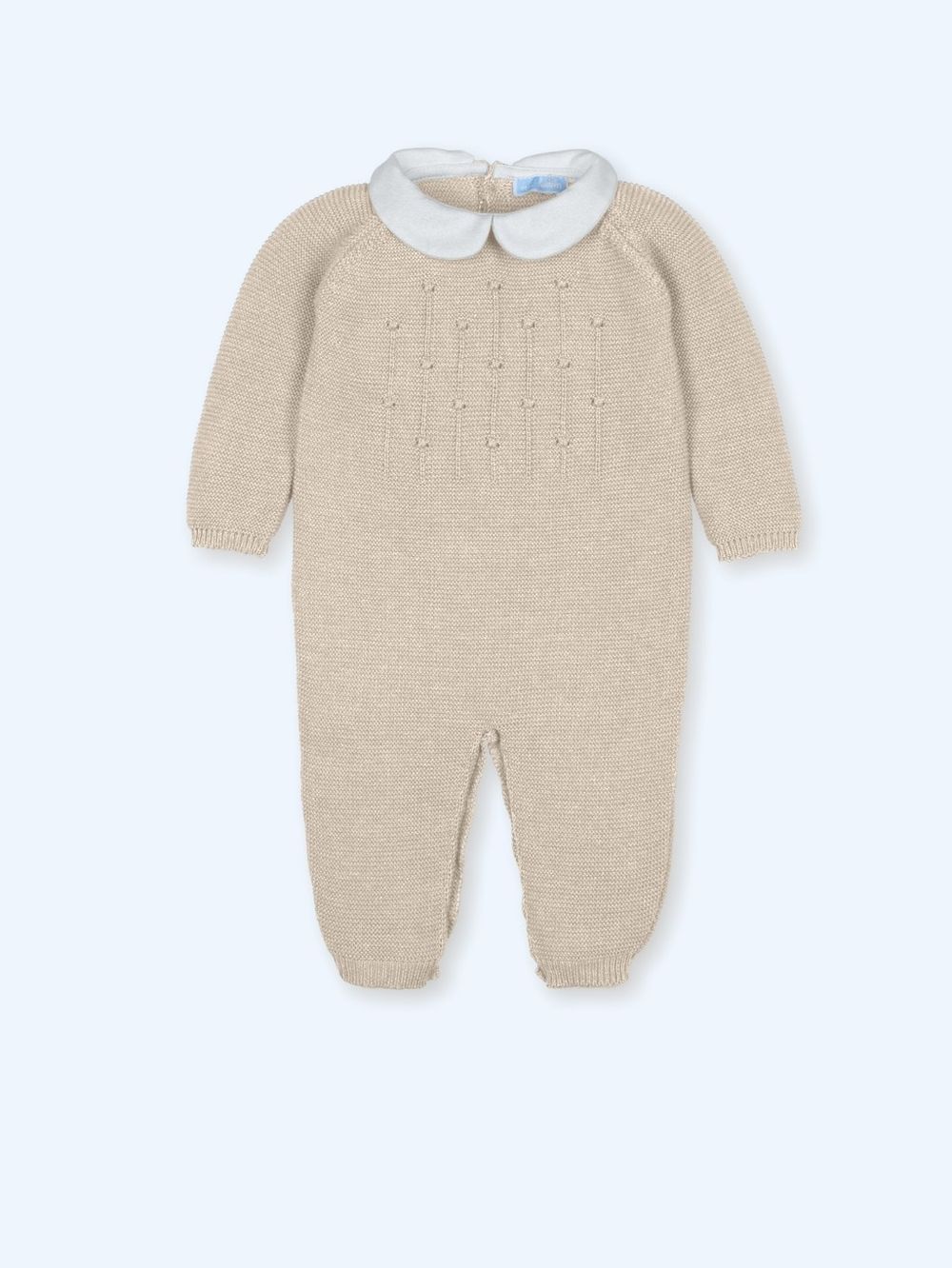 Beige knit baby romper with white Peter Pan collar and decorative bobble details on the chest.