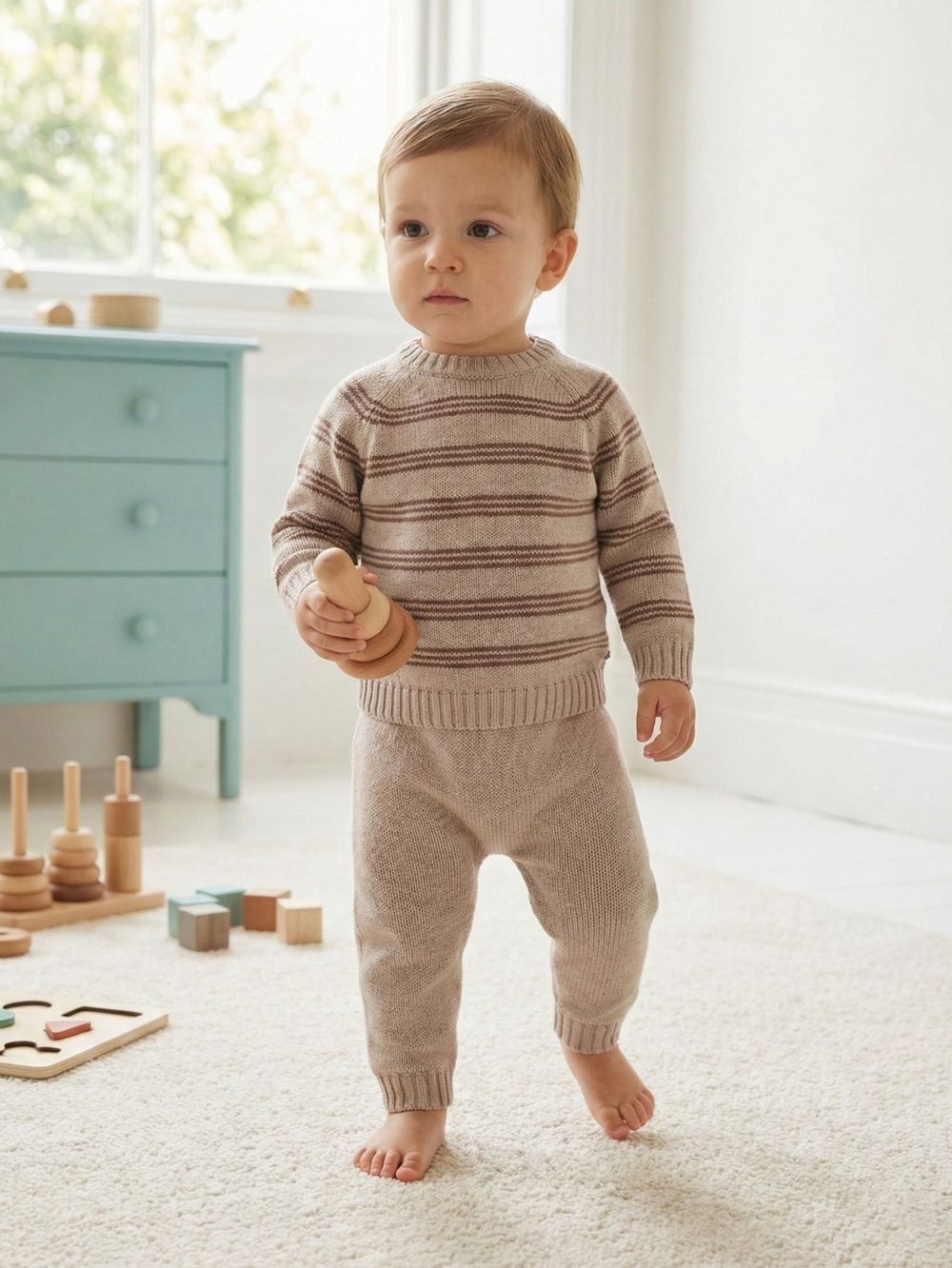 A toddler stands barefoot in a striped knit sweater and taupe knit pants, holding a wooden toy on a soft carpet.