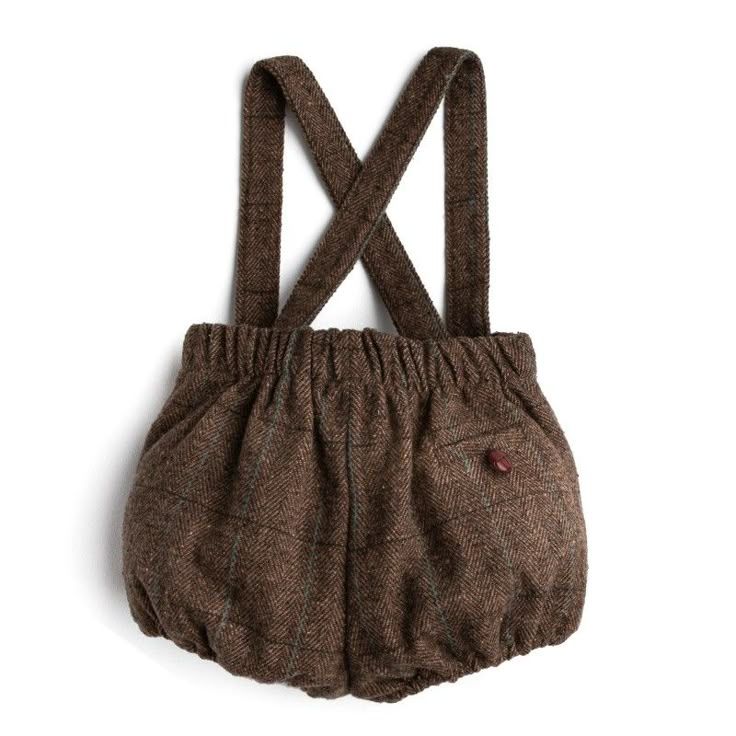 Brown tweed baby bloomers with cross-back suspenders and a small button detail, perfect for a classic infant outfit.