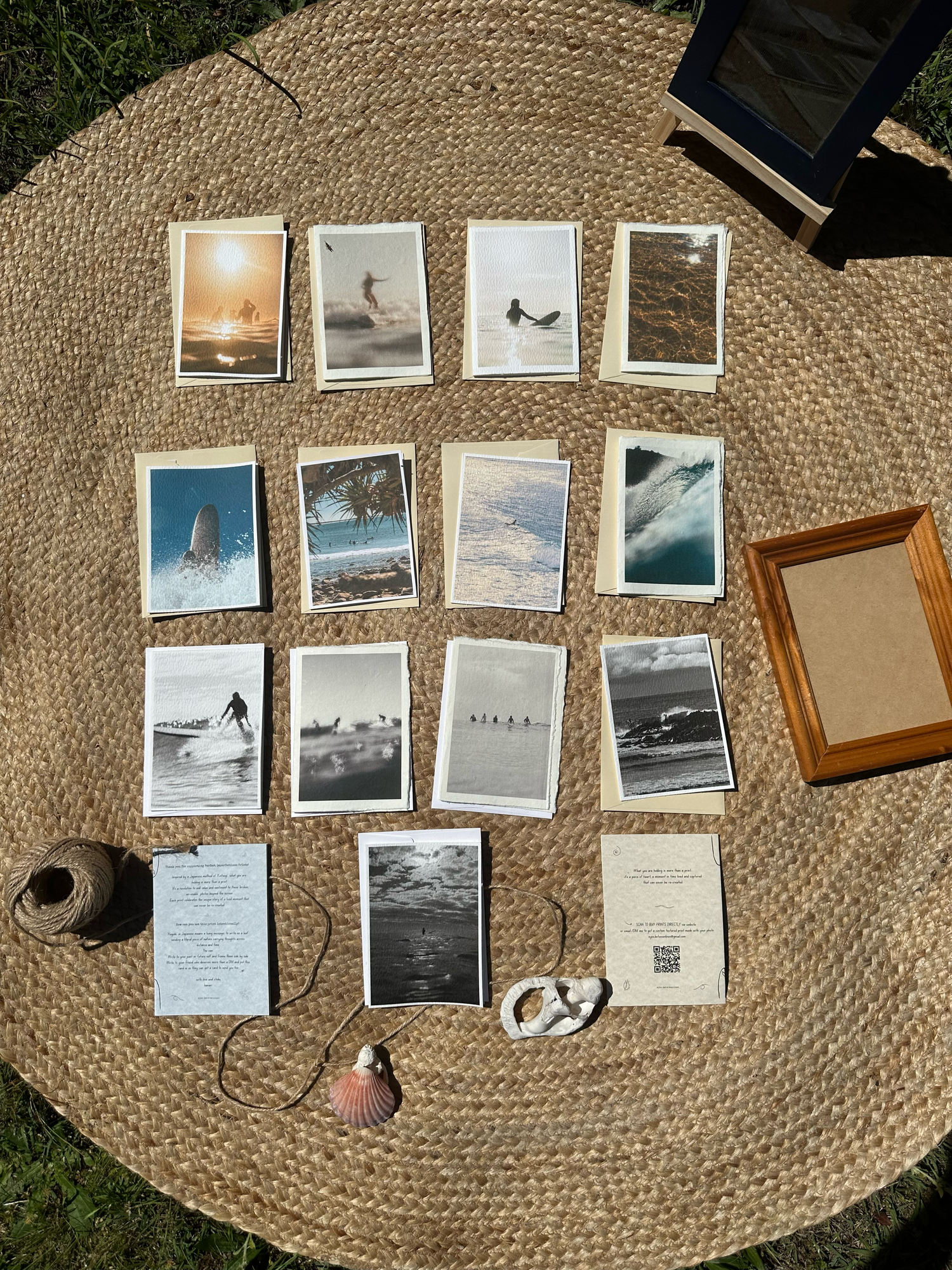 Hand made cotton gift card for greetings and birthdays with a print of the ocean and surfers with deckled edges