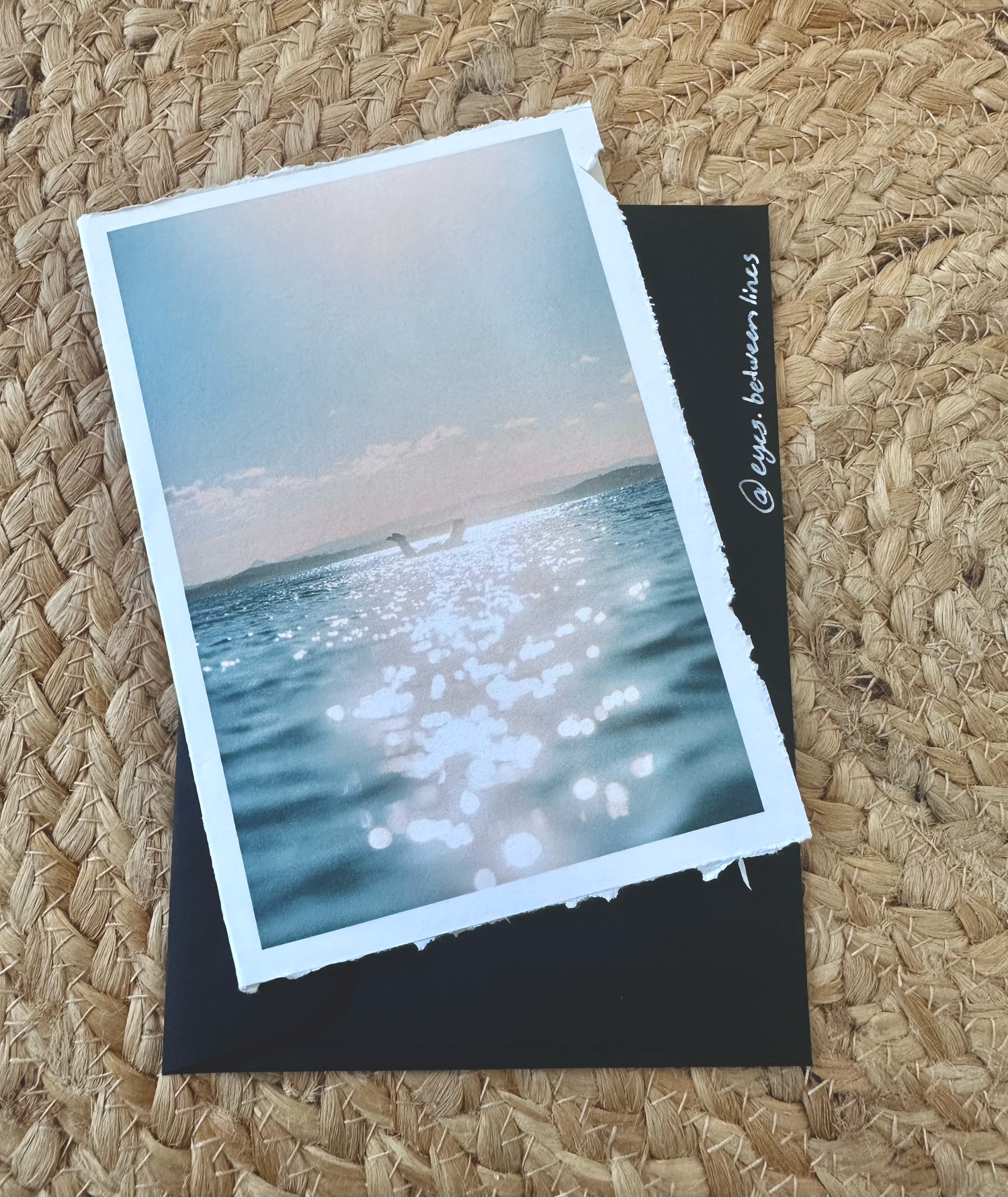 japanese hand made letter writing card for greetings and birthdays with a print of a female surfer in sunlight glitter with deckled edges
