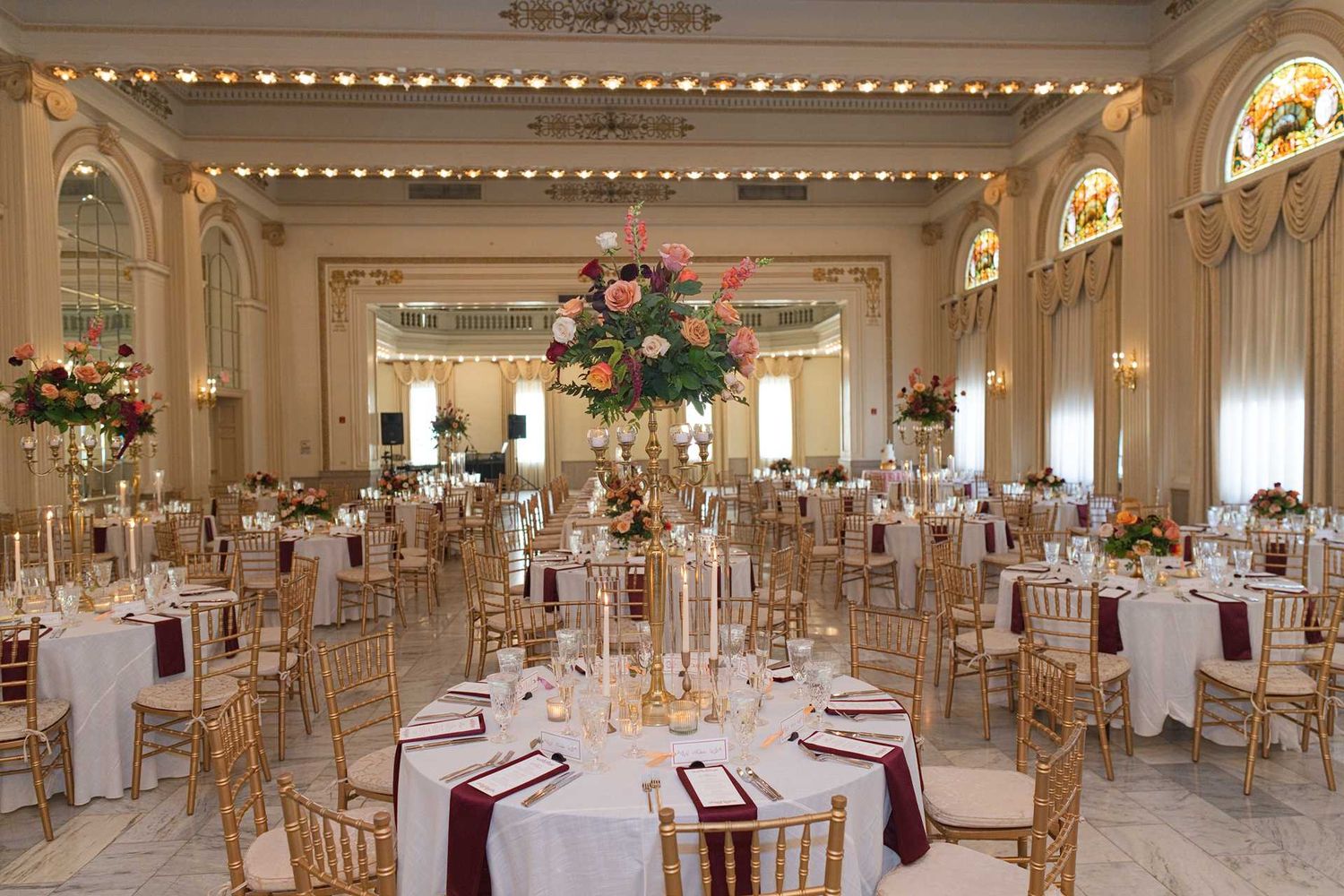 Elegant wedding reception ballroom of The Westin Great Southern Columbus Wedding Venue