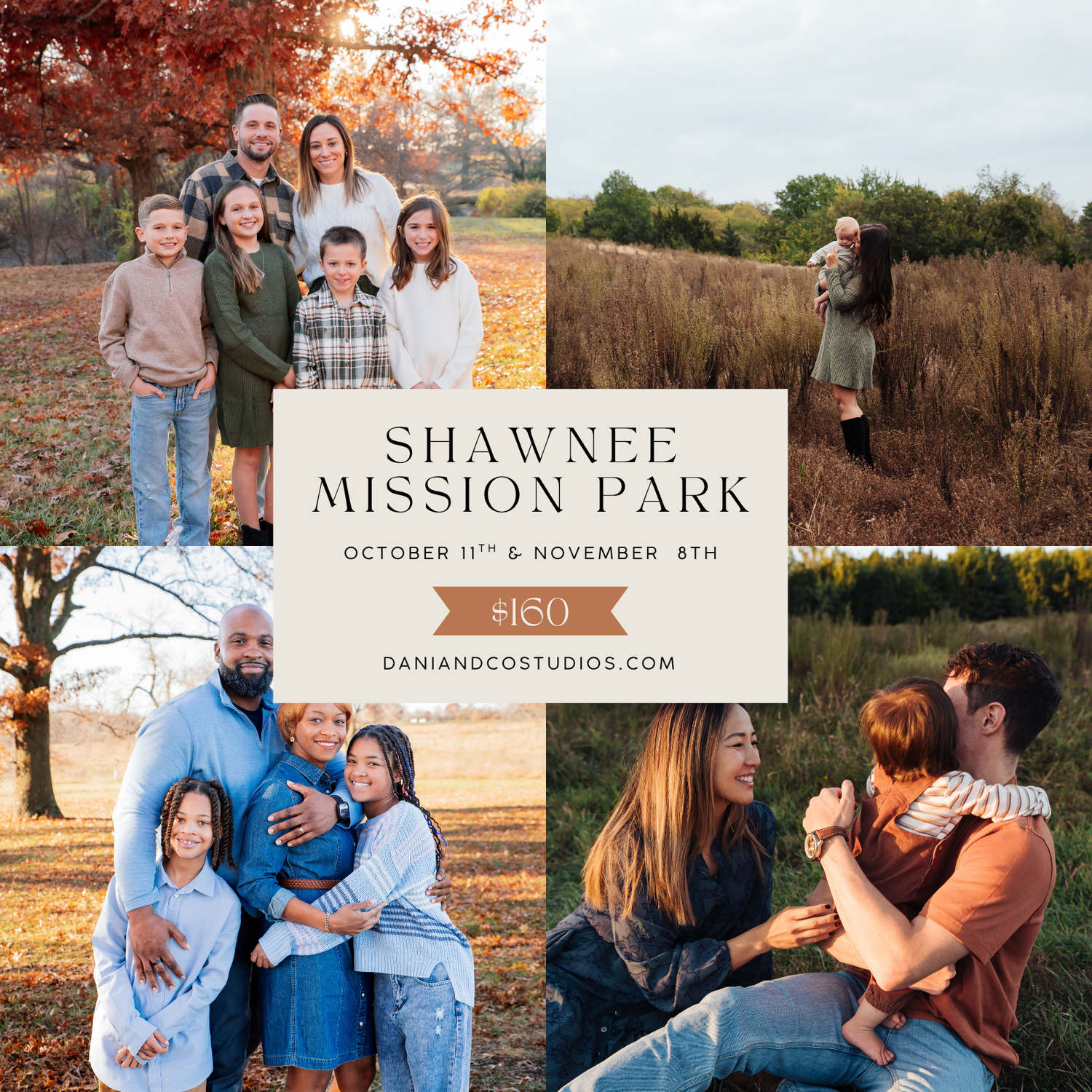 Family portrait session at Shawnee Mission Park in autumn, featuring fall foliage and natural outdoor settings, $160, October and November.