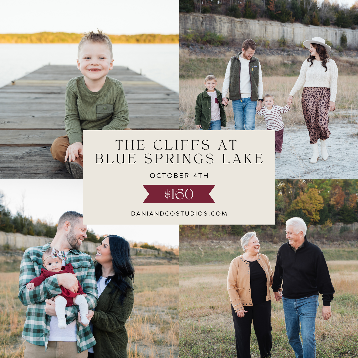 Family portrait session promotional collage at The Cliffs at Blue Springs Lake, October 4th, $160, featuring outdoor fall photos.