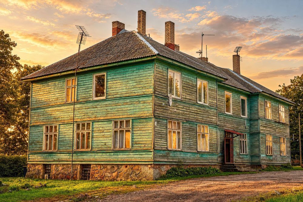 Vintage green wooden two-story house at sunset with chimneys and antennas, surrounded by trees.