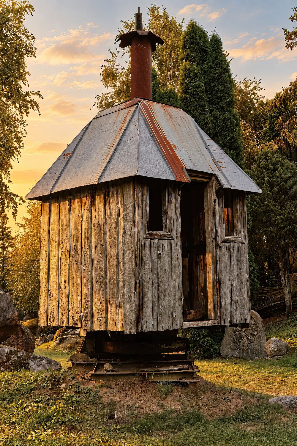Rustic wooden sauna hut with metal roof and chimney surrounded by trees at golden sunset.