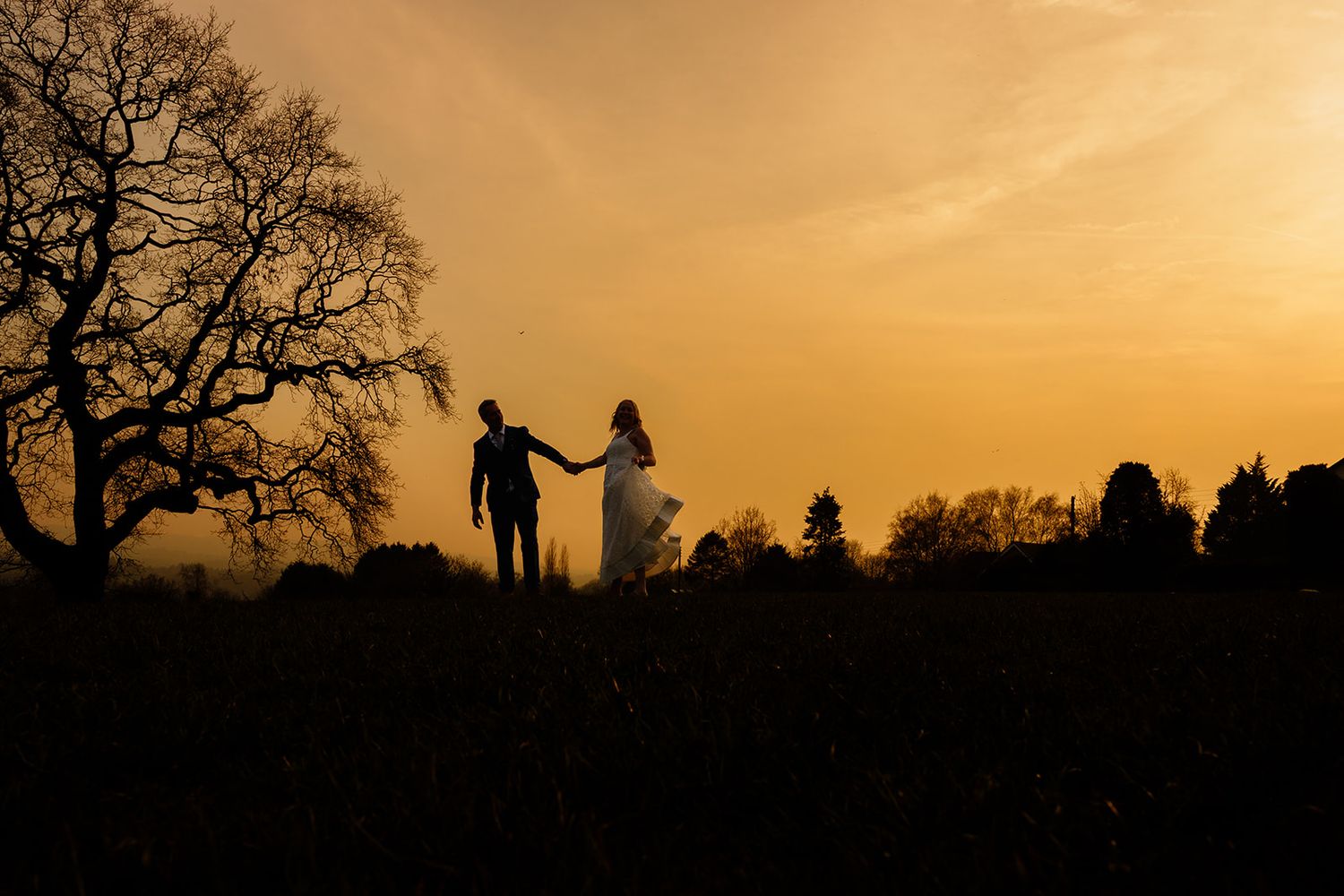 Silhouette of a couple holding hands at sunset with bare trees against a golden orange sky.