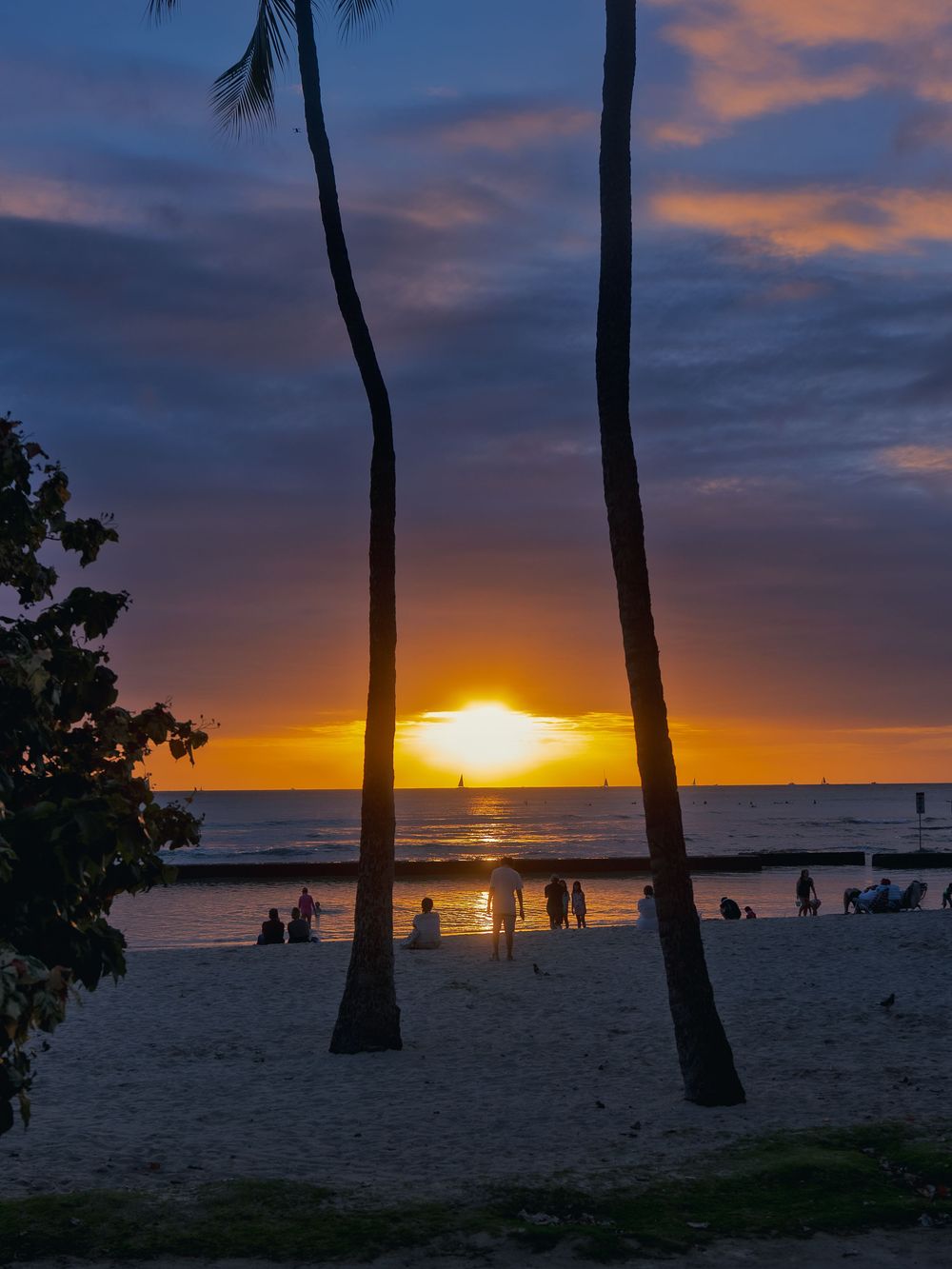 The sun sets over the ocean between two tall palm trunks as beachgoers watch from the sand at Waikiki Beach in Honolulu, Hawaii.