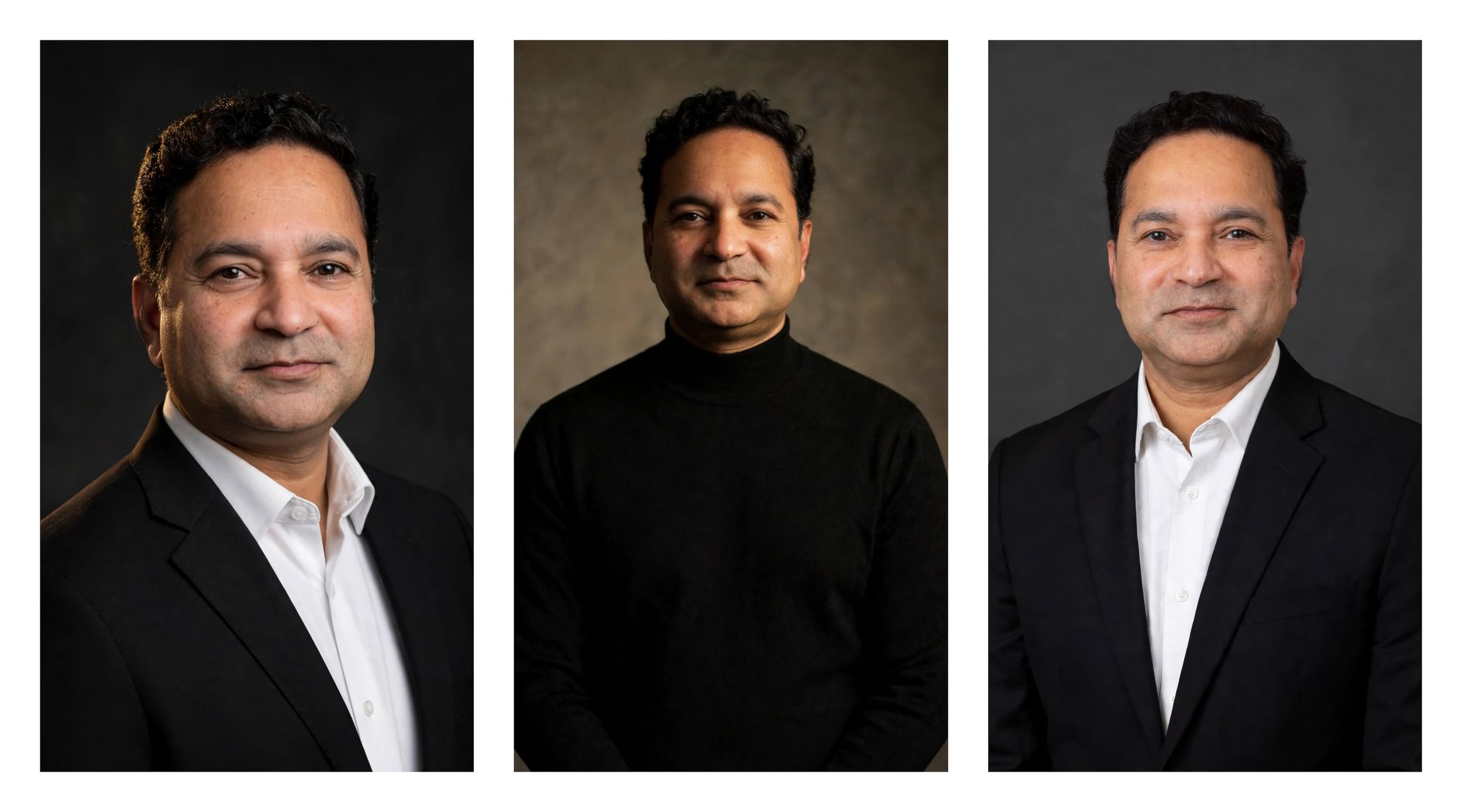 Three professional headshots of South Asian men in dark blazers and white shirts posed against dark studio backgrounds.