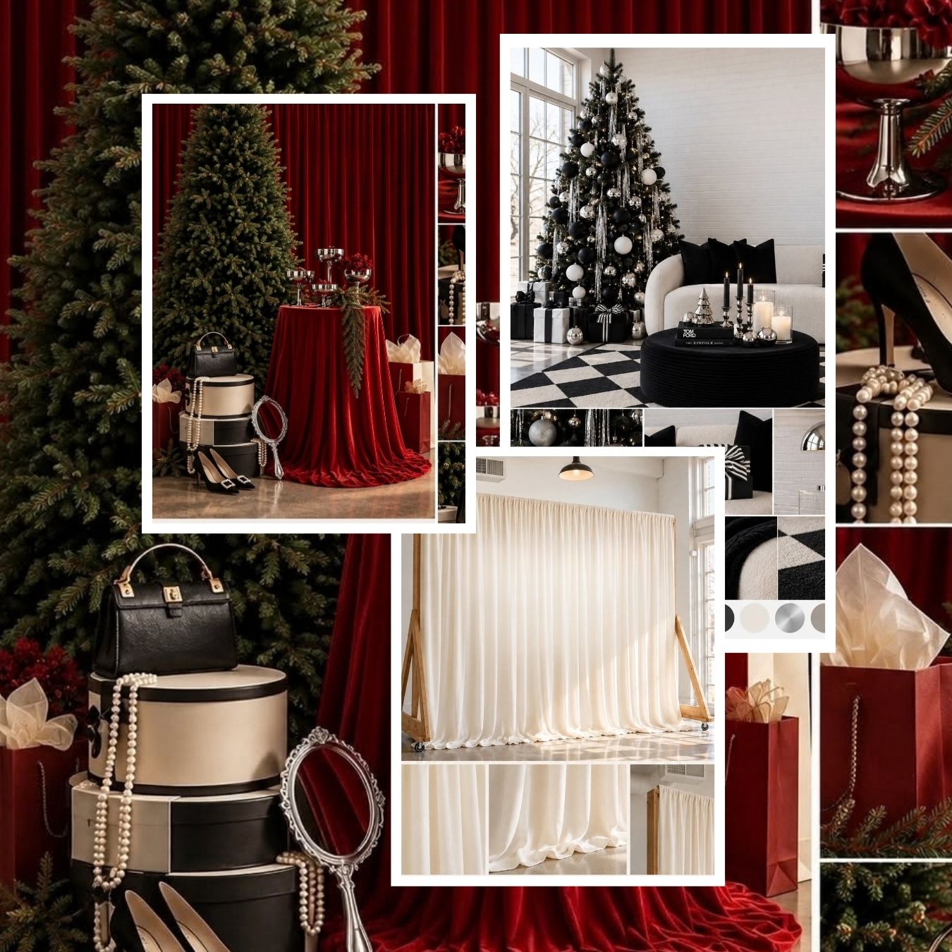 Festive holiday collage featuring red velvet decor, black and white Christmas tree, pearl jewelry, and elegant gift arrangements.