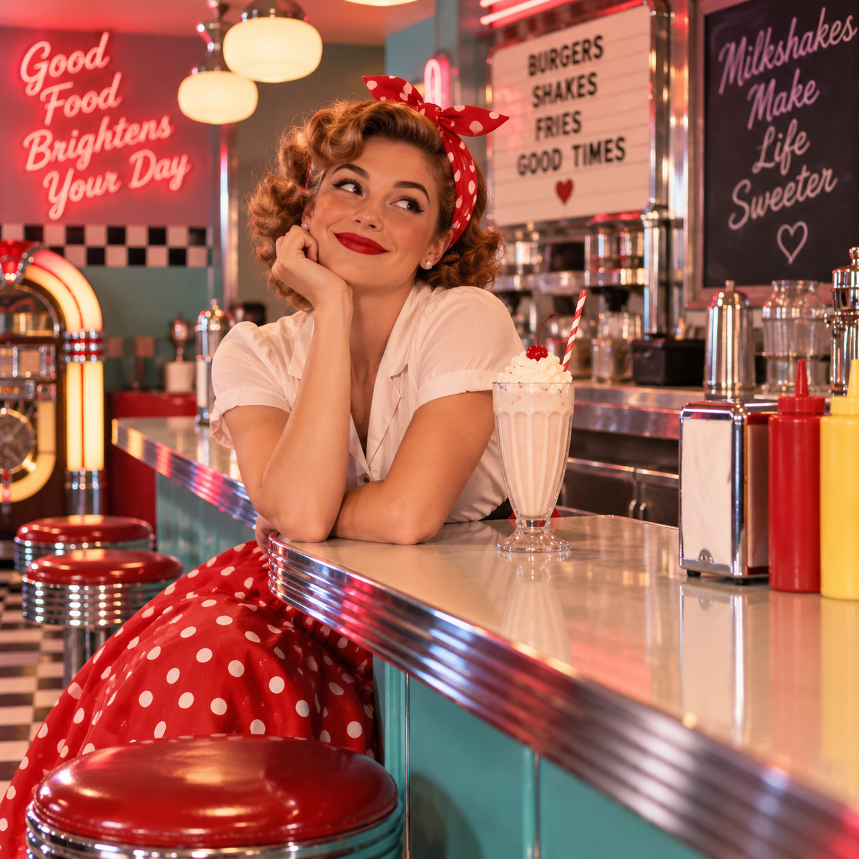 A cheerful 1950s diner waitress in polka dot outfit leans on a chrome counter beside a milkshake.