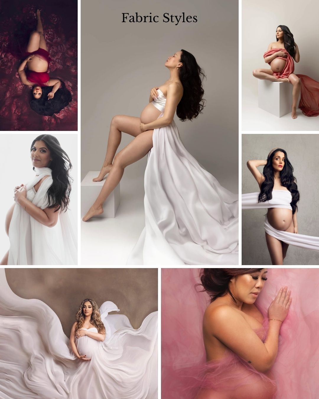 Collage of pregnant women in elegant fabric maternity photoshoot styles, featuring white, red, and pink draped fabrics.