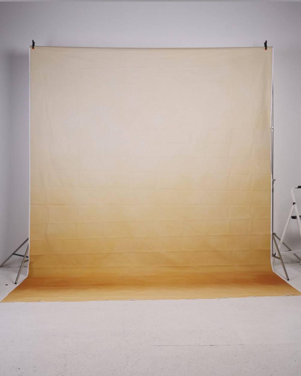 Cream to golden yellow ombre photography backdrop on a stand in a white studio.