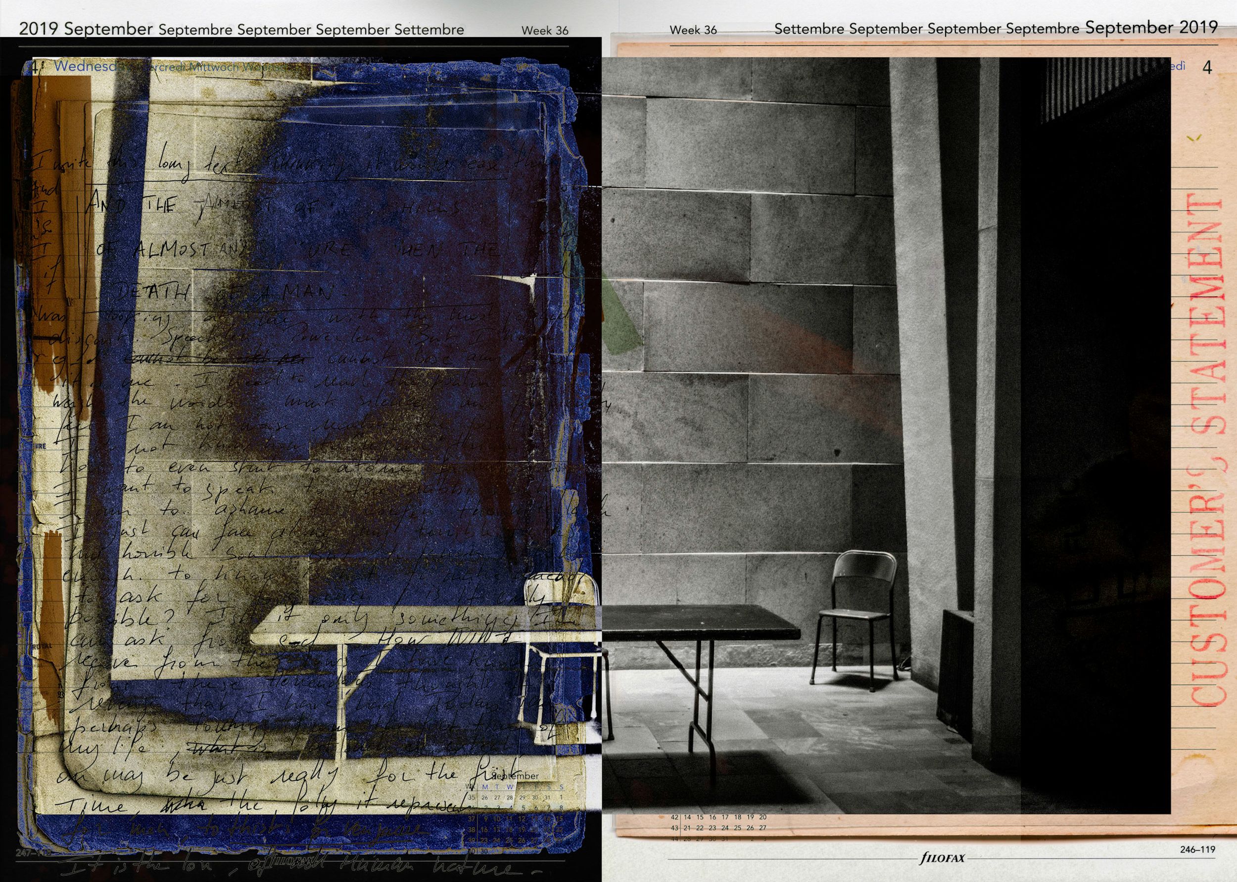 Artistic collage featuring a shadowy blue figure over handwritten text beside a minimalist room with a metal chair and table.