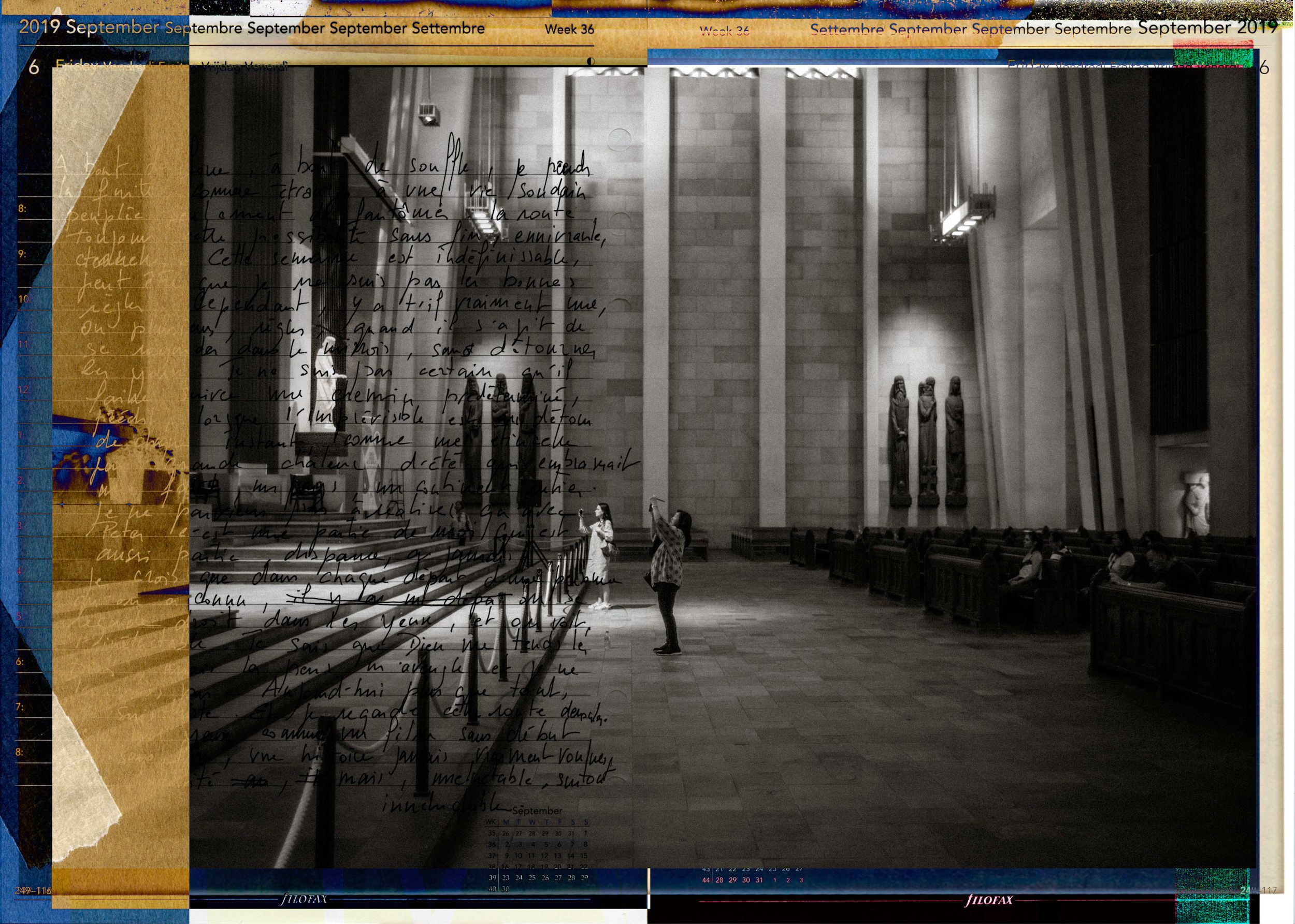 A composite image blending architectural cathedral interior with scaffolding and a figure walking through grand columns.