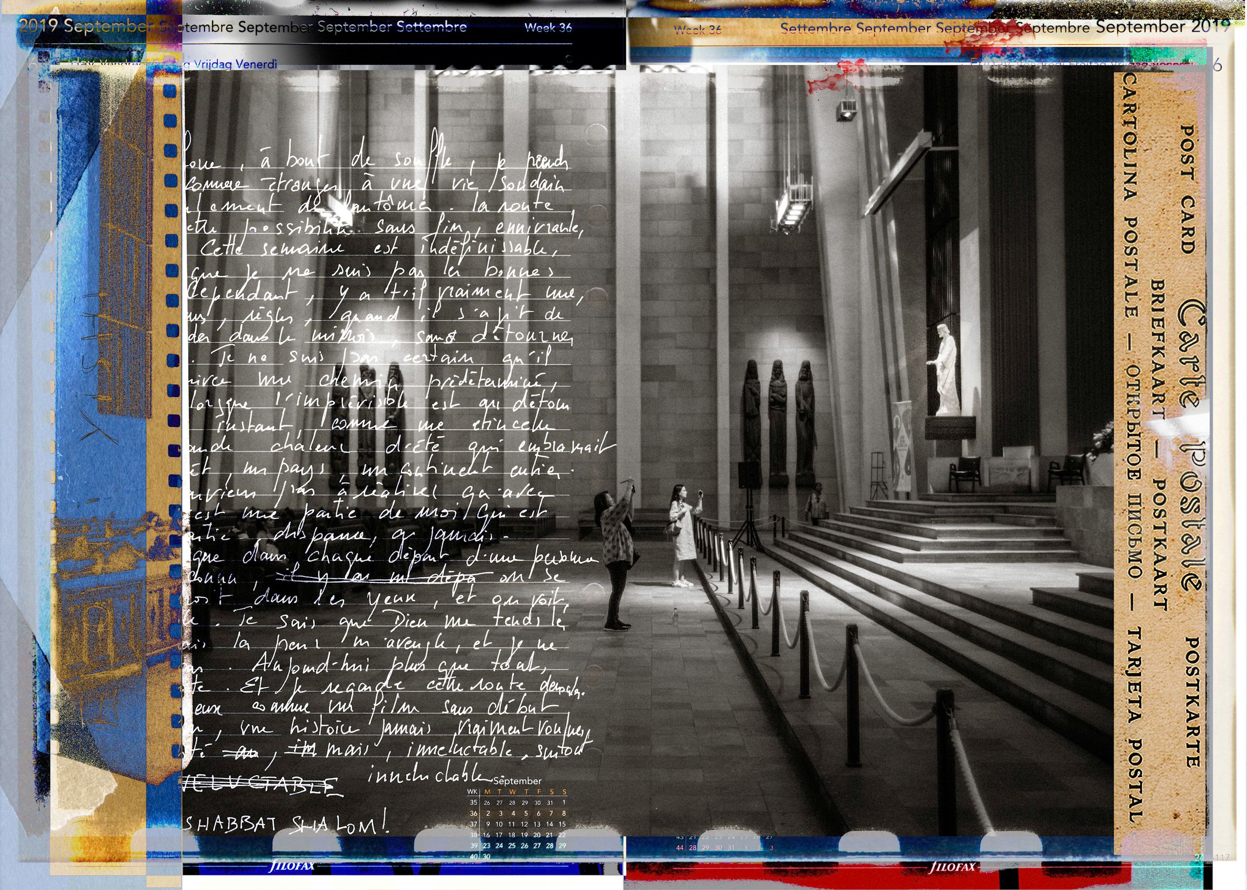 Vintage collage artwork featuring handwritten text overlaid on a black-and-white cathedral interior photo with colorful borders.