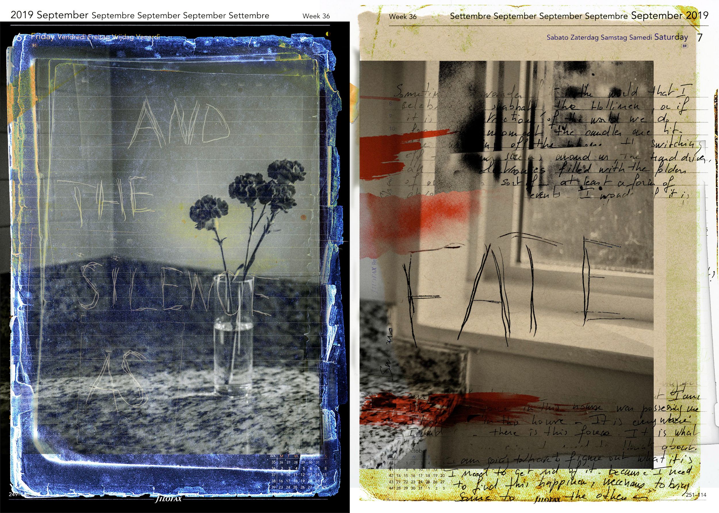 Two artistic September journal pages featuring floral cyanotype print and handwritten notes with red paint accents side by side.
