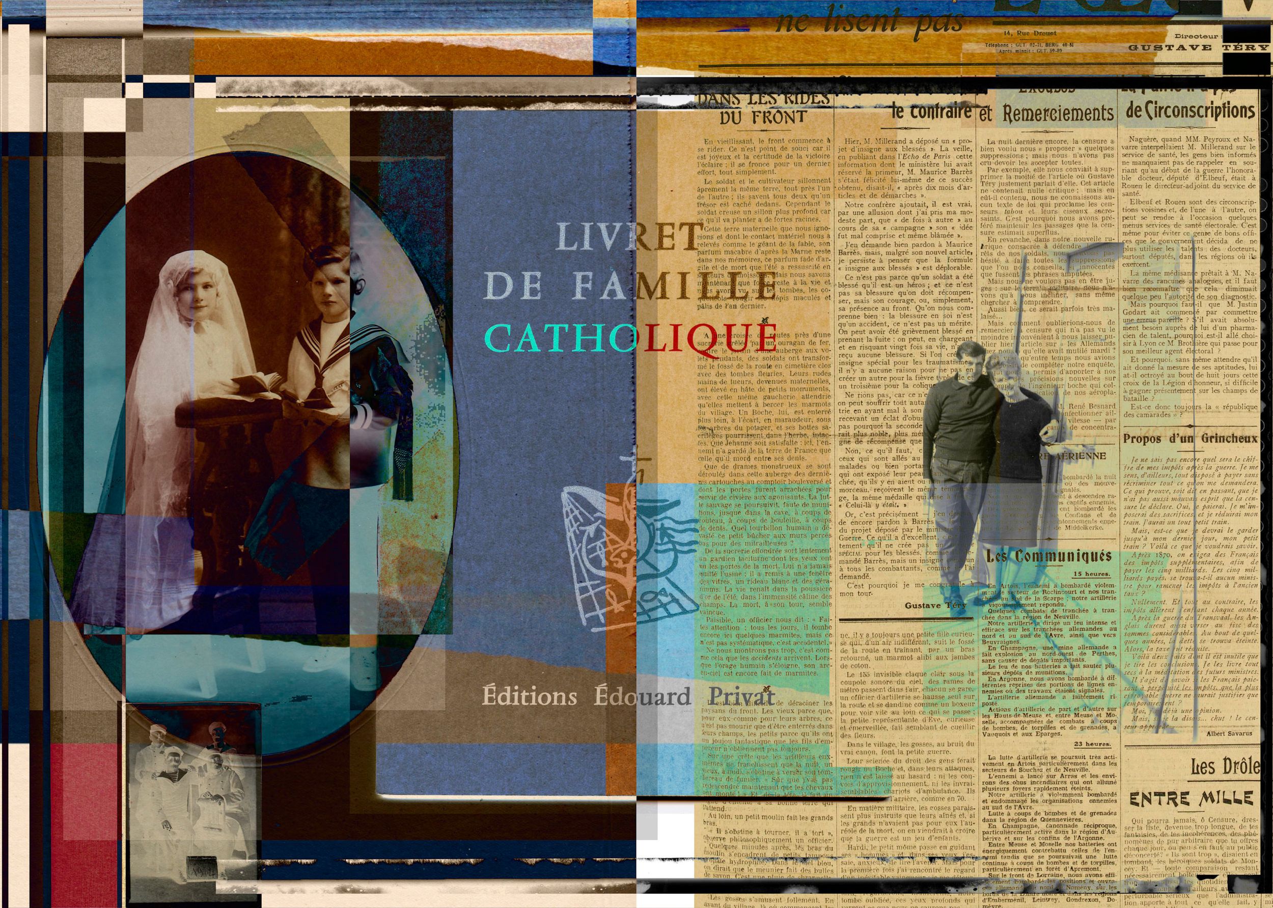 Vintage collage featuring a Catholic family booklet, old newspaper clippings, and retro photographs in muted tones.