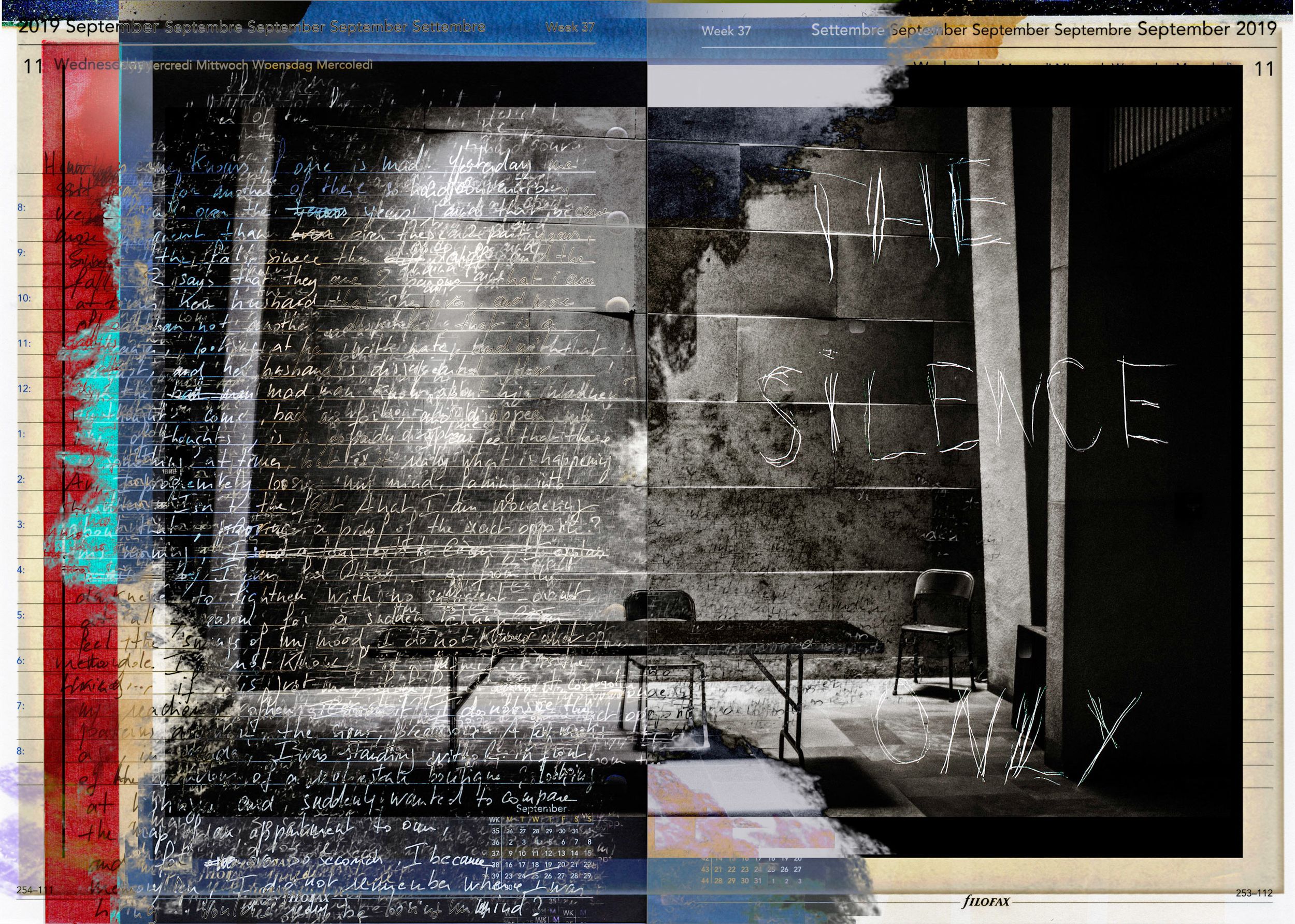 Abstract mixed media artwork featuring handwritten text on dark walls with a table, calendar elements, and layered textures.