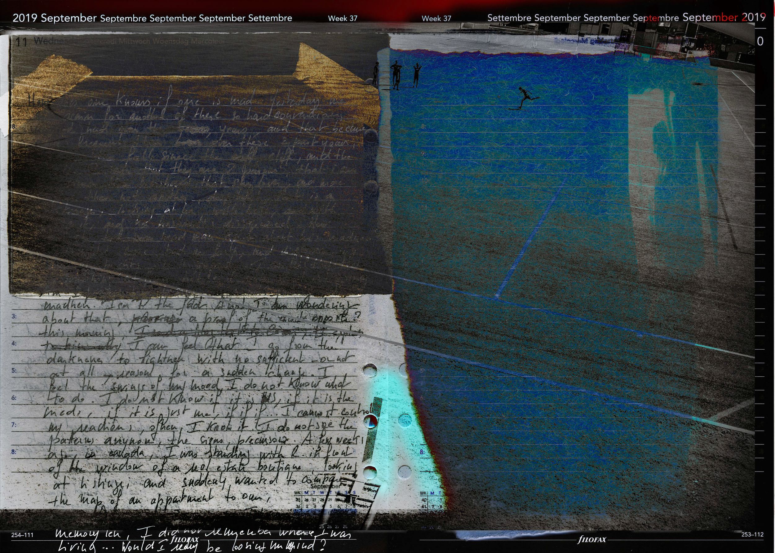 Handwritten journal pages layered over blue abstract digital art in a September 2019 weekly spread collage.