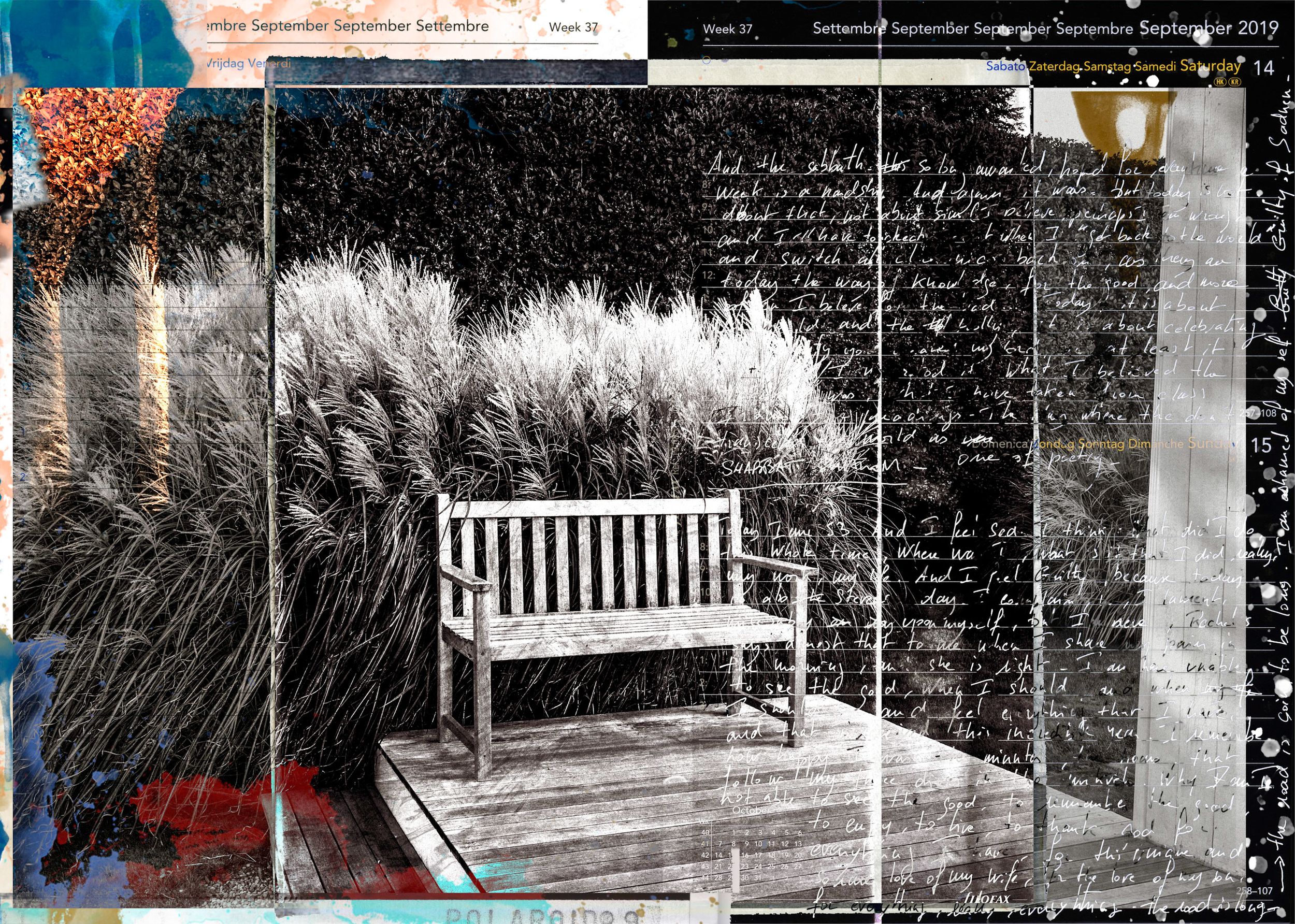 A vintage collage featuring a wooden bench surrounded by ornamental grasses, overlaid with handwritten script and calendar text.