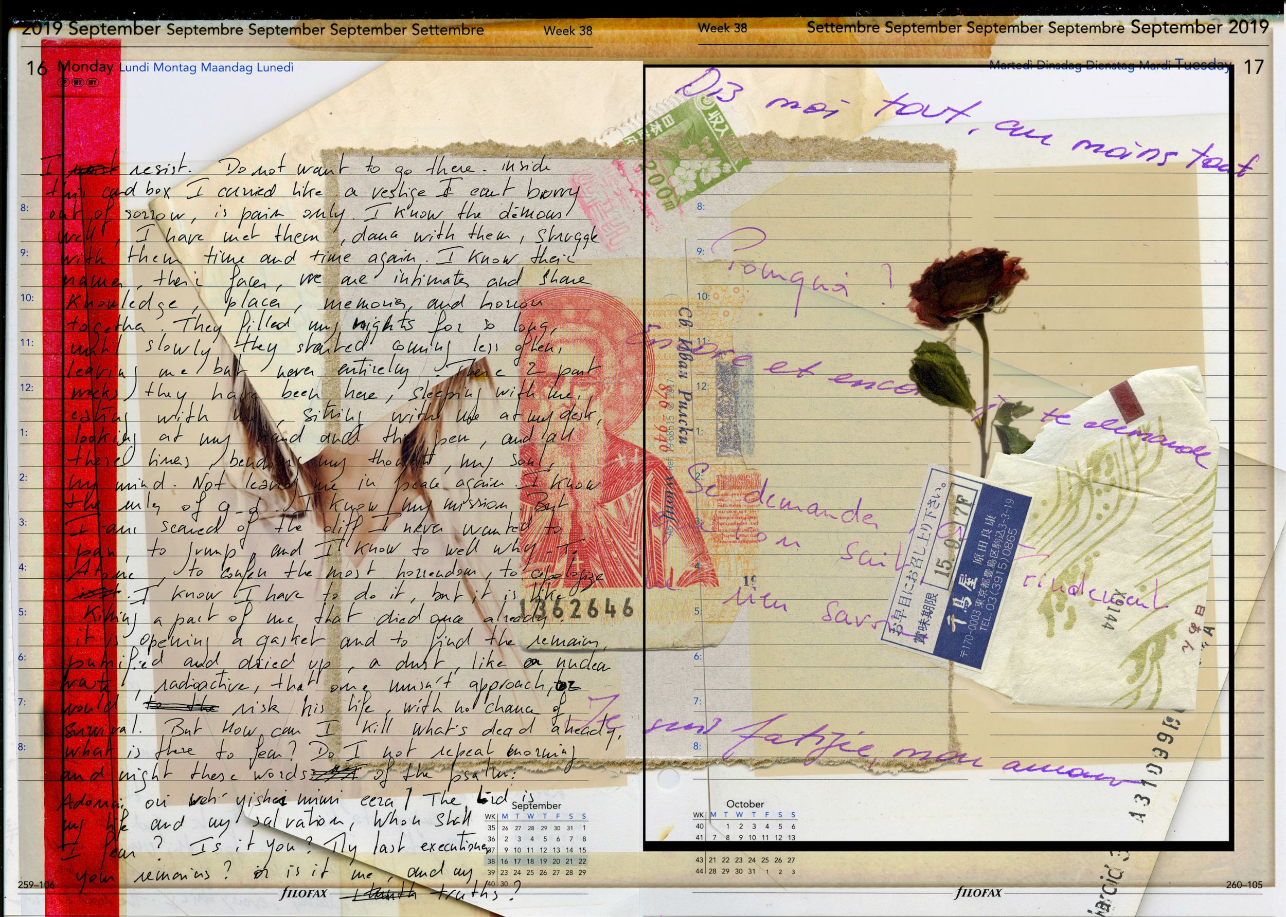 Vintage collage with handwritten letters, passport stamps, dried rose, and aged paper ephemera in a artistic mail art composition.