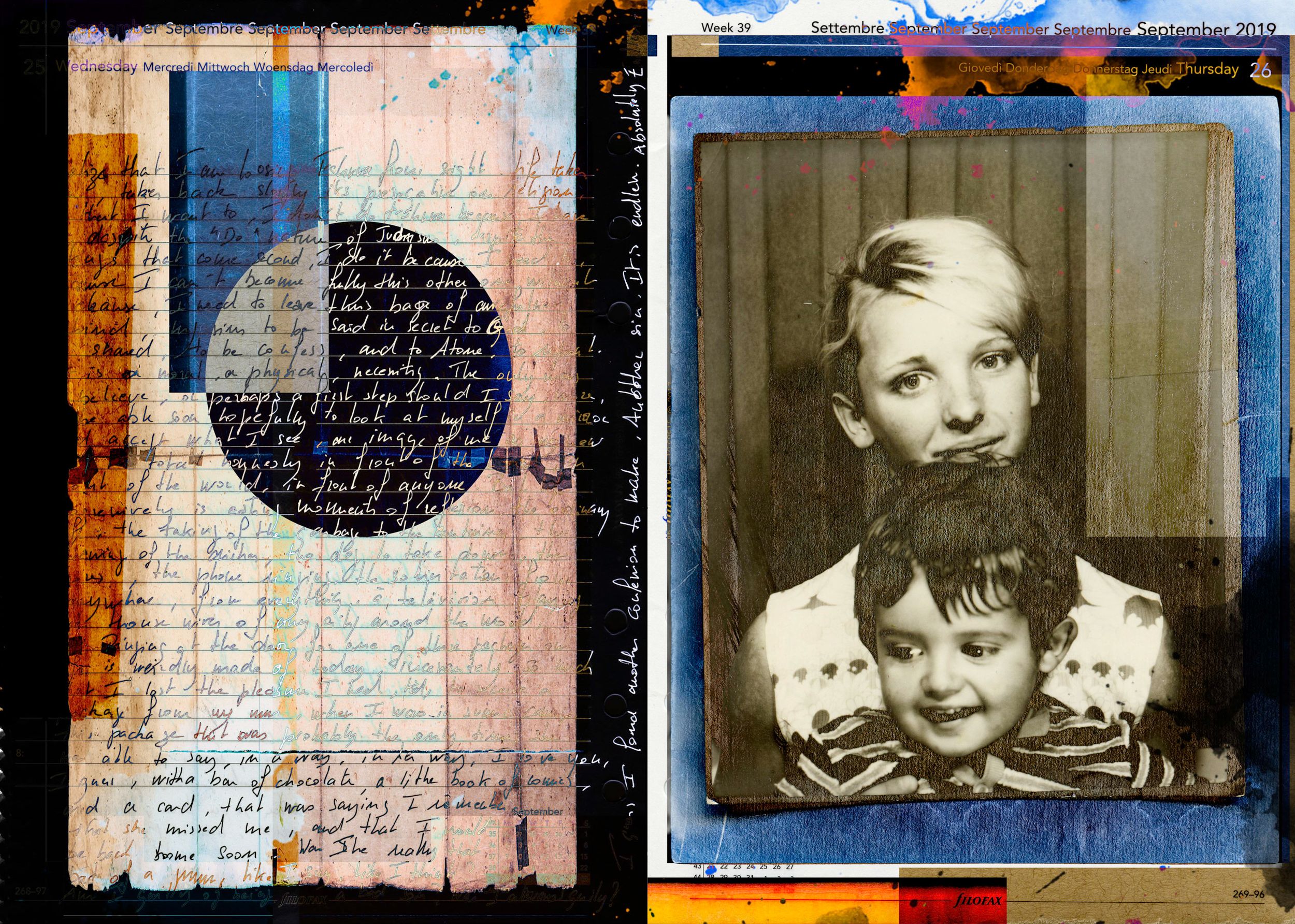 Vintage collage art diptych featuring handwritten text with geometric shapes and an old black-and-white photo of two children.