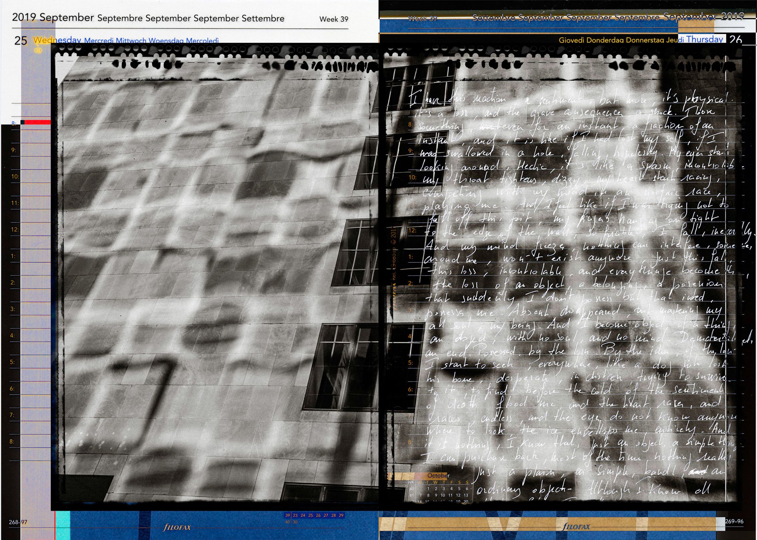 Abstract architectural collage showing textured building facades with handwritten text overlays in black and white tones.