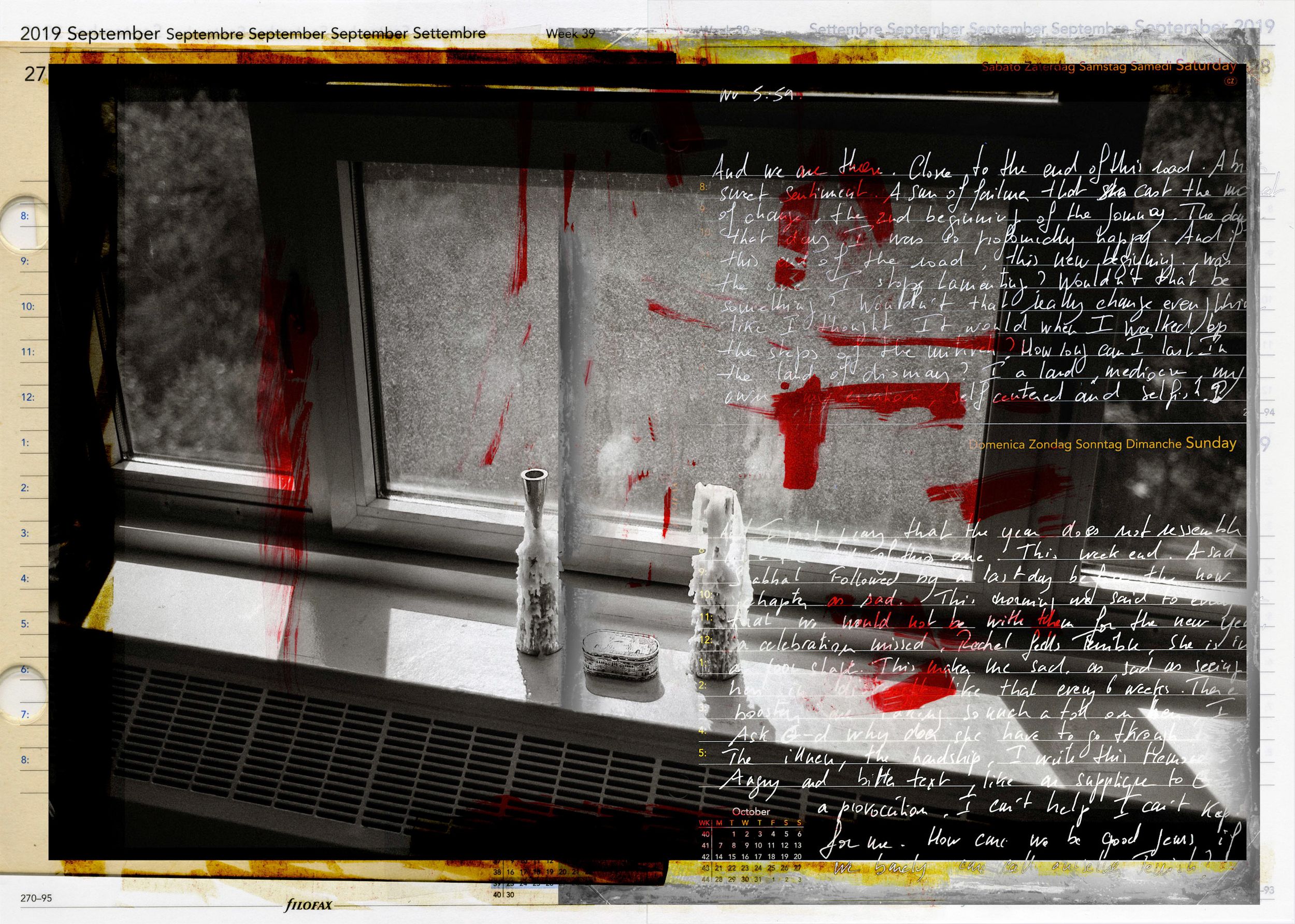 Mixed media art collage featuring red paint splashes on a window with handwritten text overlay.