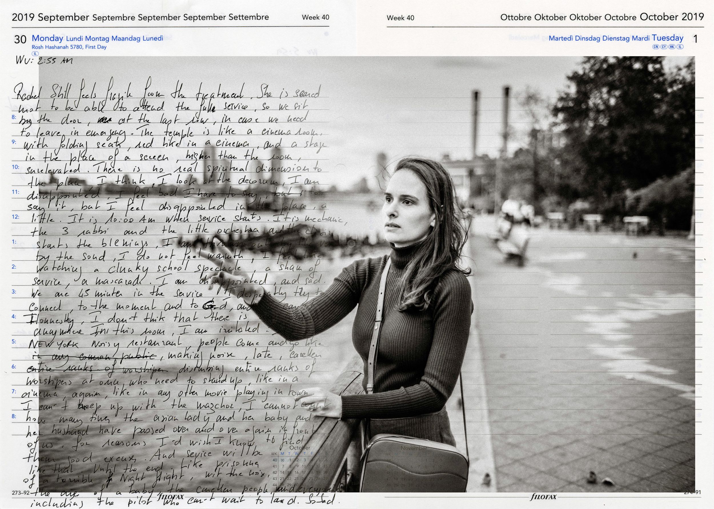 A woman leans on a railing outdoors, overlaid with handwritten journal text, in a 2019 calendar art composition.