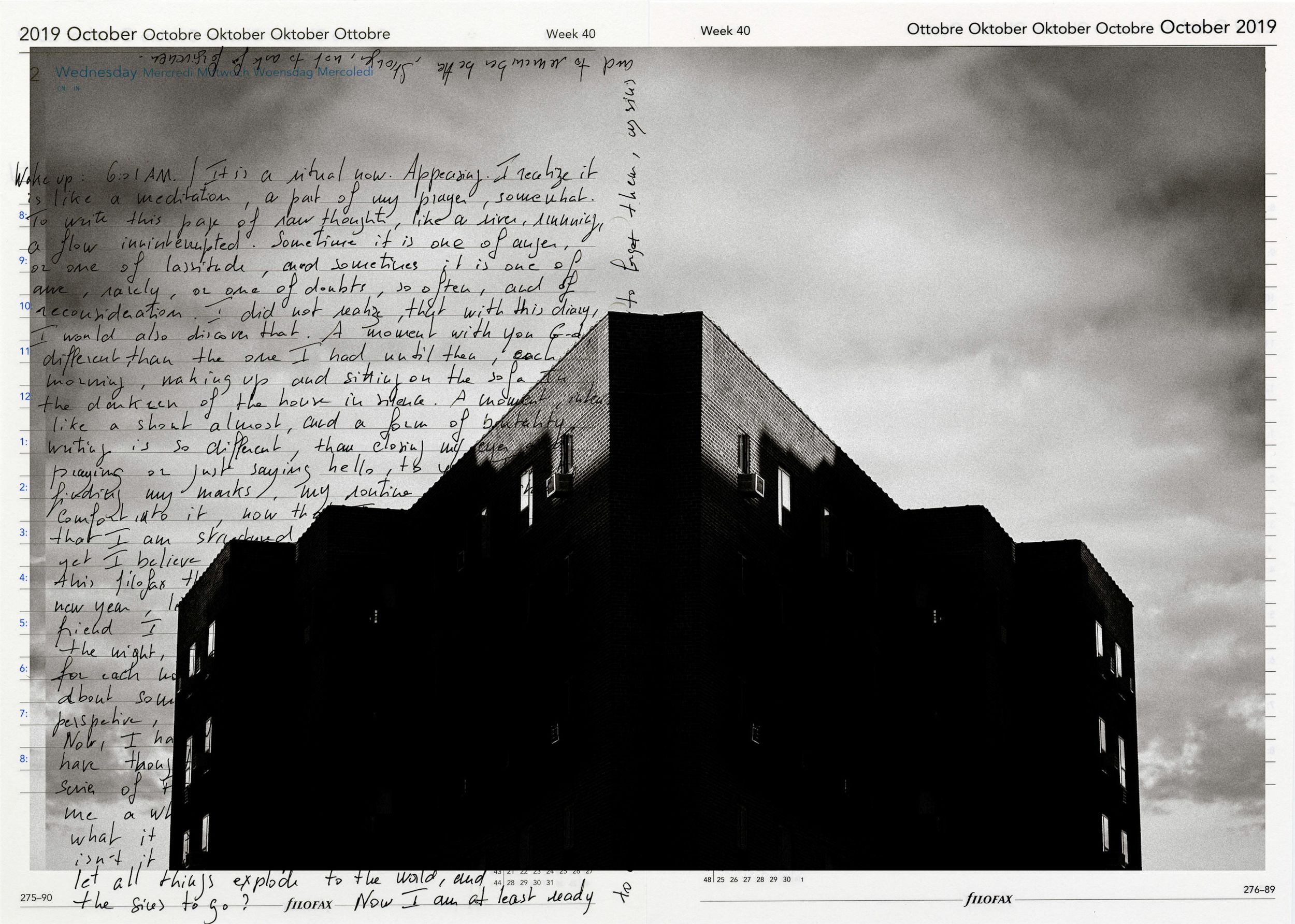 Black and white photo collage of handwritten journal text overlaid with a dark urban building silhouette against cloudy sky.