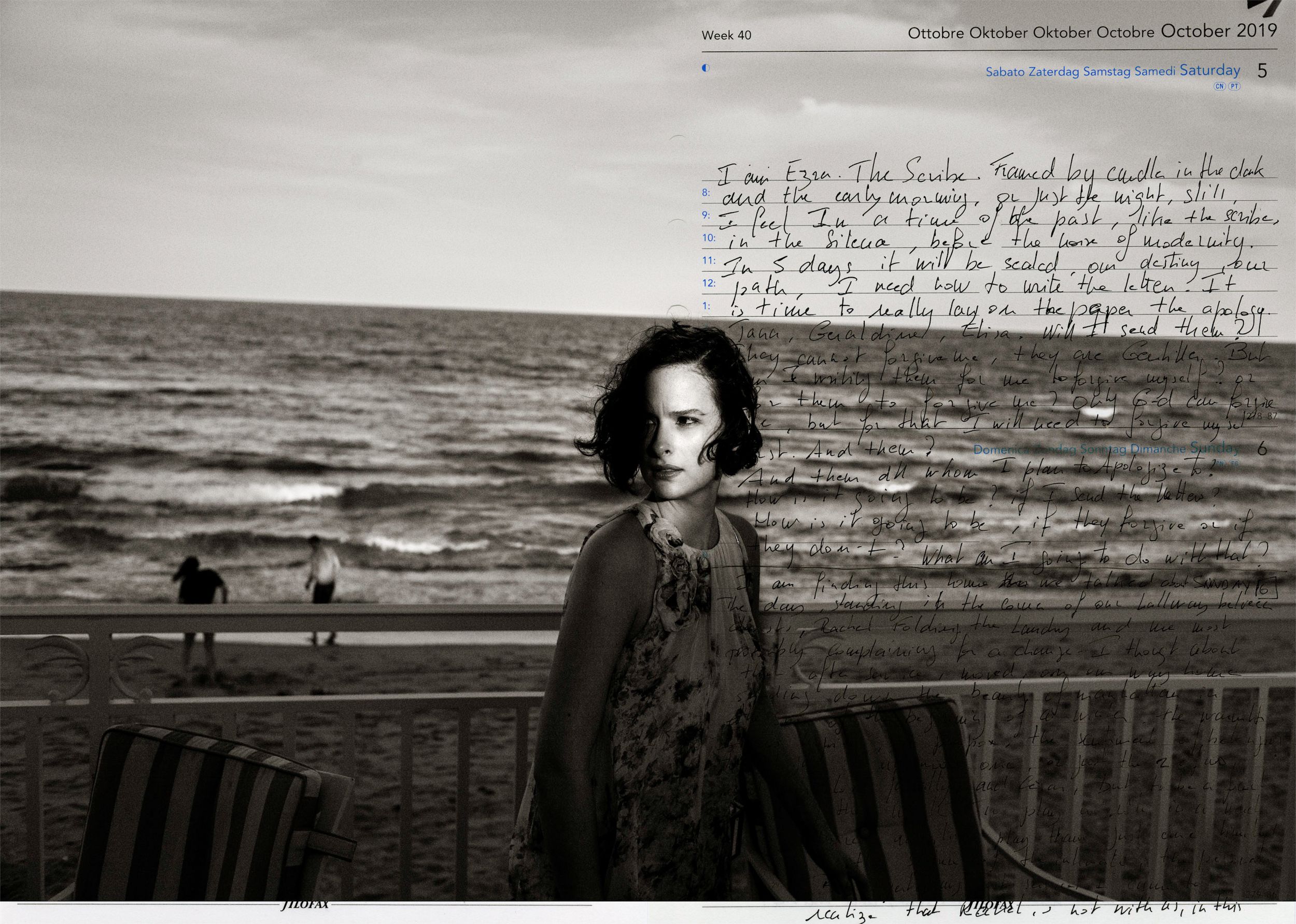 Black and white photo of a woman on a boardwalk by the ocean with a handwritten letter overlay.