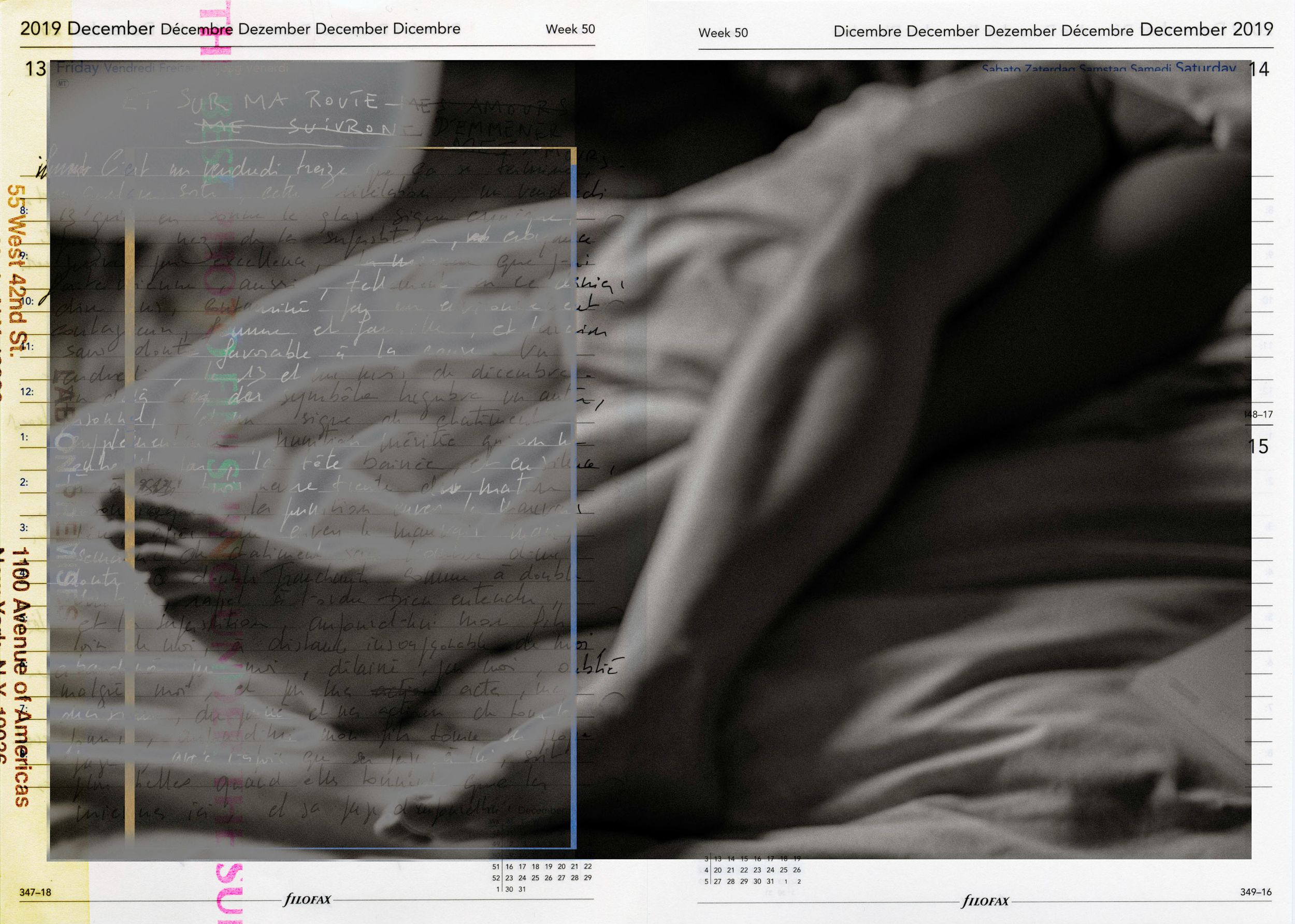 Abstract 2019 December calendar design with monochromatic figure photography and glitch art overlay effects.