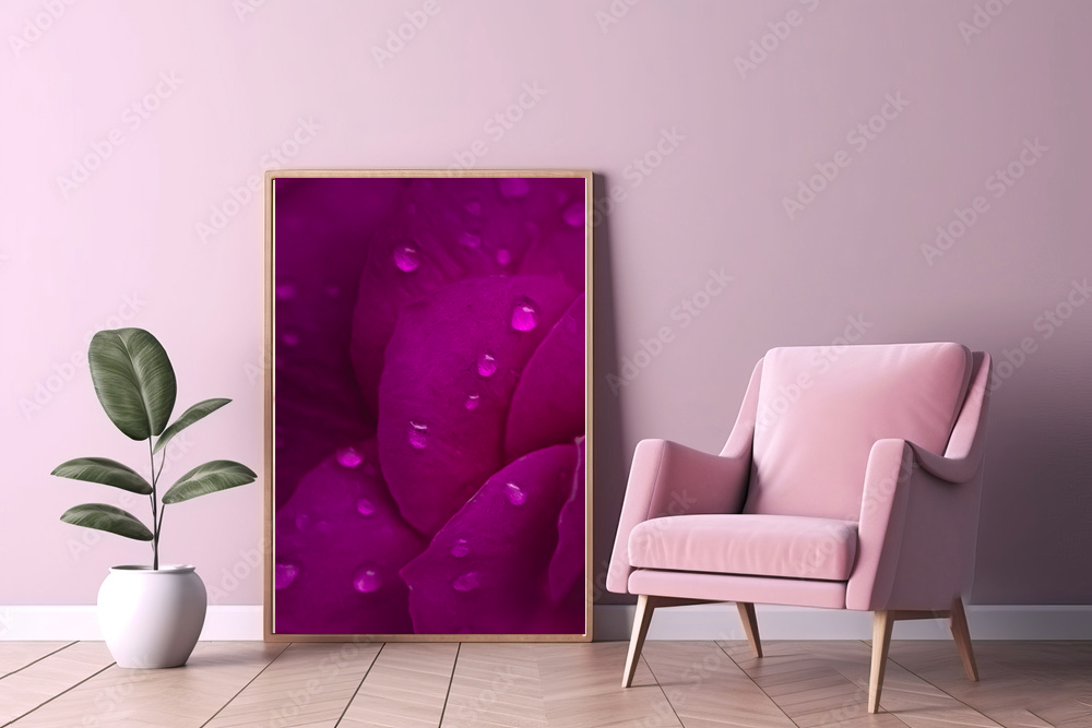 Pink armchair beside a framed purple rose petal art print with water droplets, next to a green plant in white pot.