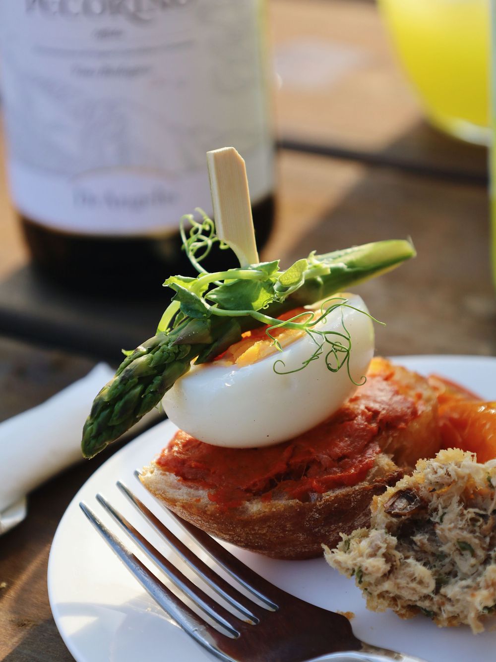 Gourmet egg dish with microgreens and red sauce served on a white plate.