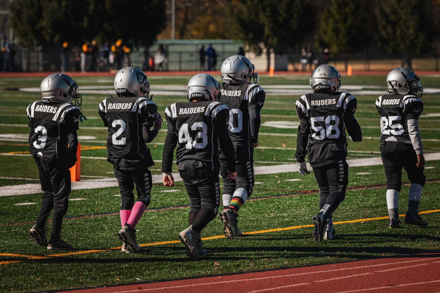 Football players line up on the sidelines of a field during a game wearing black uniforms with white numbers.