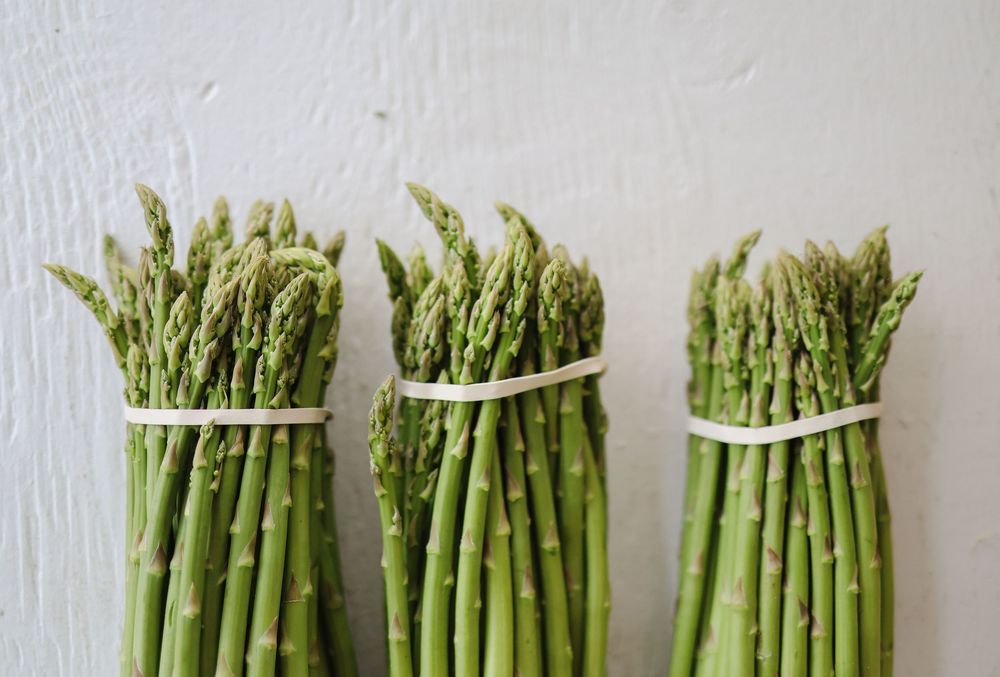 Fresh green asparagus spears arranged in neat bundles on white surface showing preparation steps from raw to cooked.