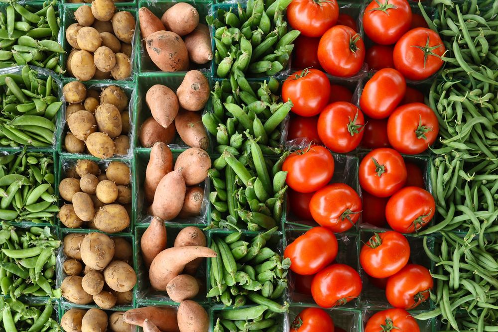 Fresh brown mushrooms, red tomatoes, and green arugula laid out in a repeating pattern on a light background.