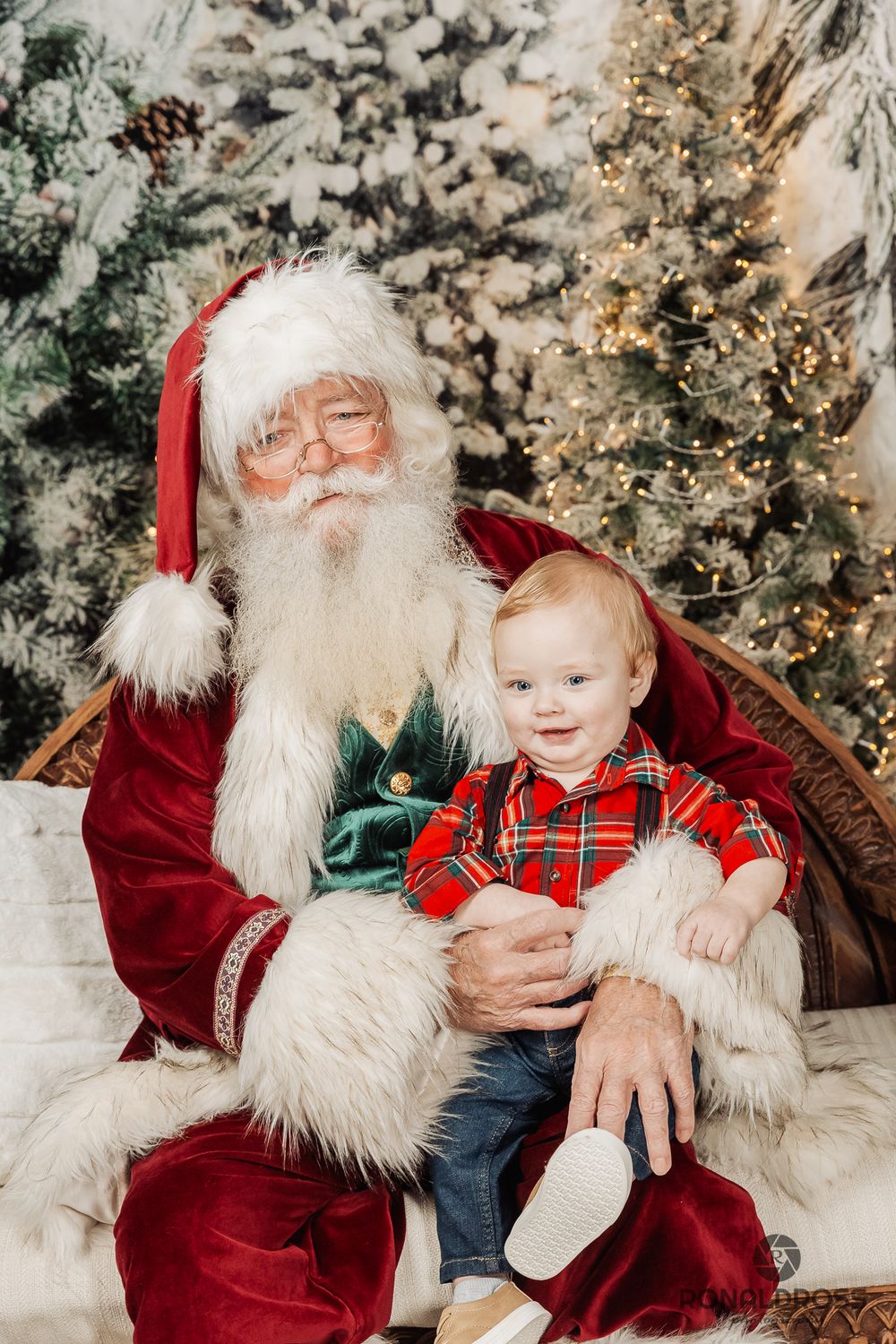 A heartwarming holiday photo series showing magical Christmas moments with traditional festive decorations and seasonal attire. Santa Photos