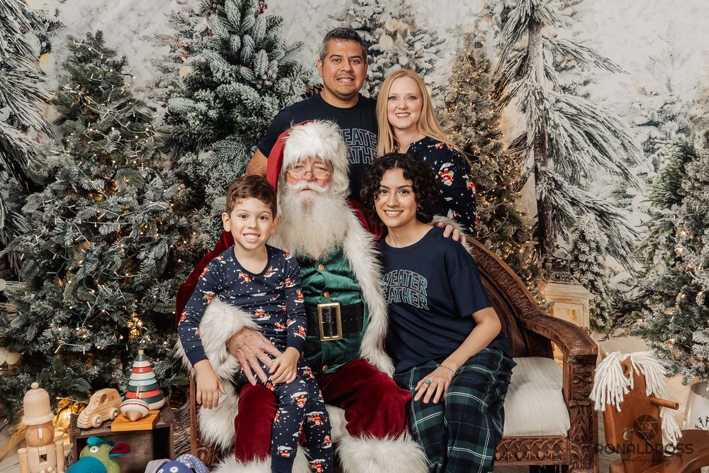 A festive holiday photo collage showing multiple families posing with Santa Claus against a snowy winter backdrop. Santa Photos League City