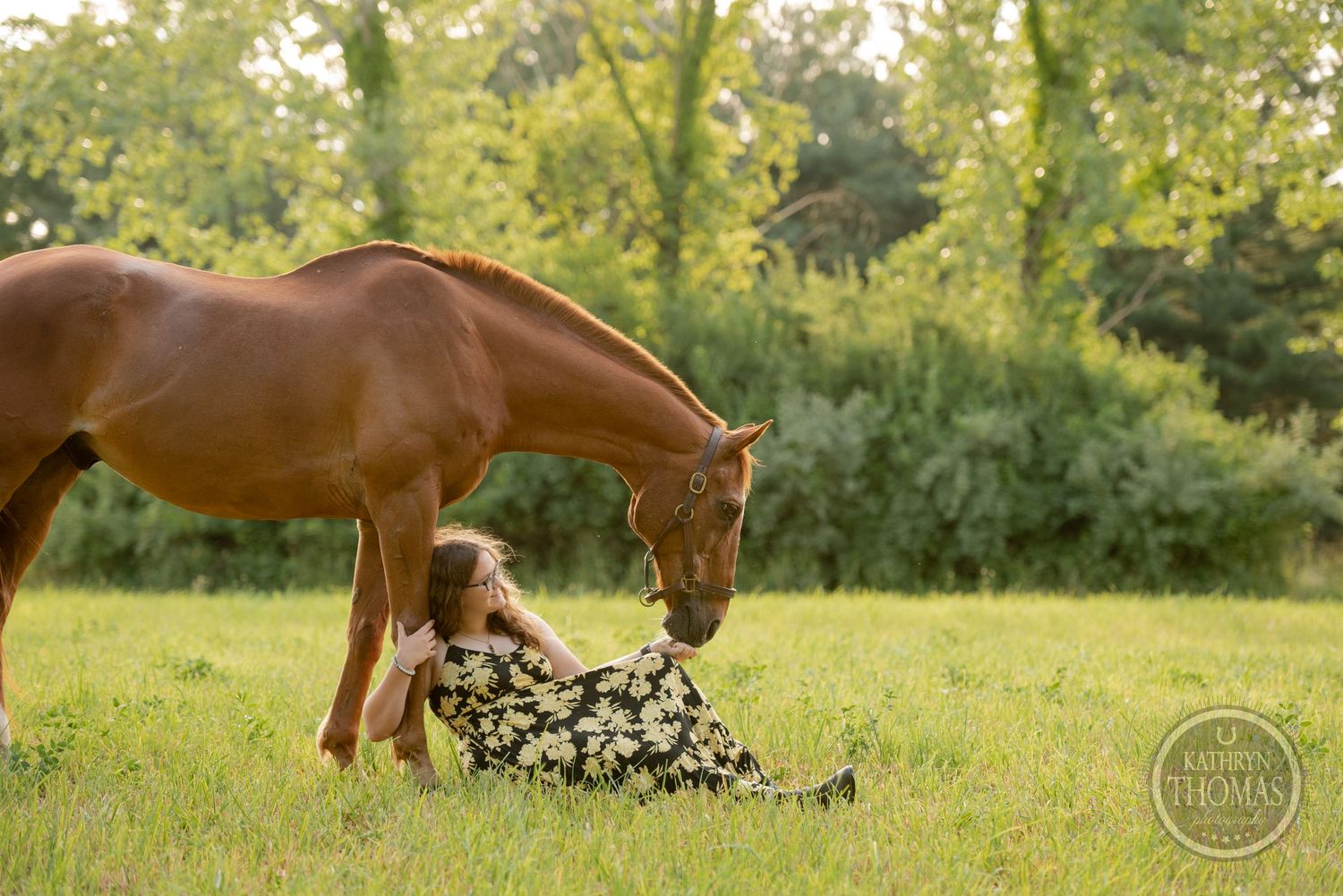 A chestnut horse bends down toward someone sitting in a floral dress on green grass.