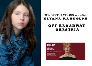 Casting announcement for Off Broadway Oresteia production with portrait against navy background.