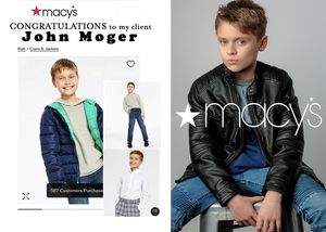 Macy's promotional advertisement featuring young model in blue winter jacket.