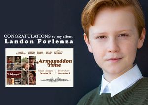 Armageddon Time film casting announcement with formal portrait against dark background.