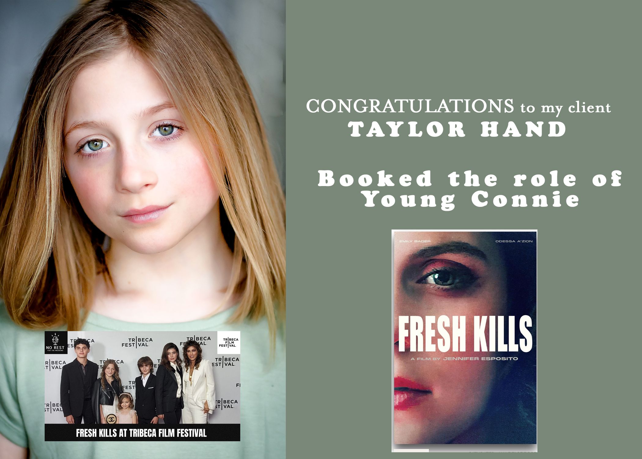 Promotional image for Fresh Kills with headshot and text overlay on sage green background.