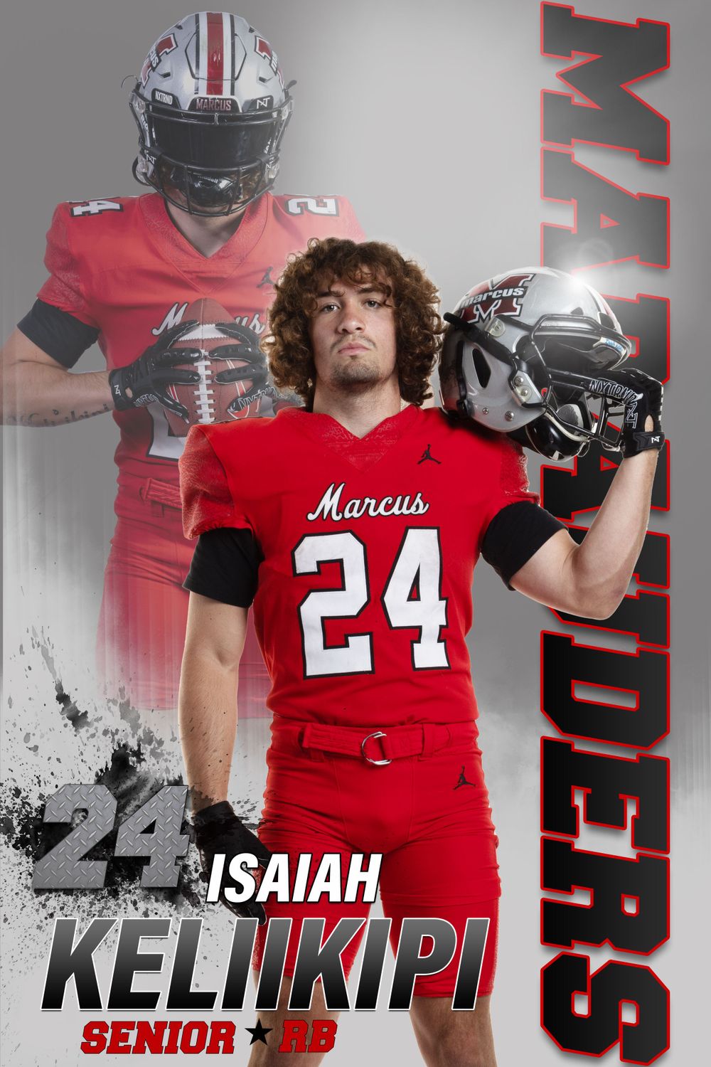 High school football player sports banner design in red and gray with number 24.
